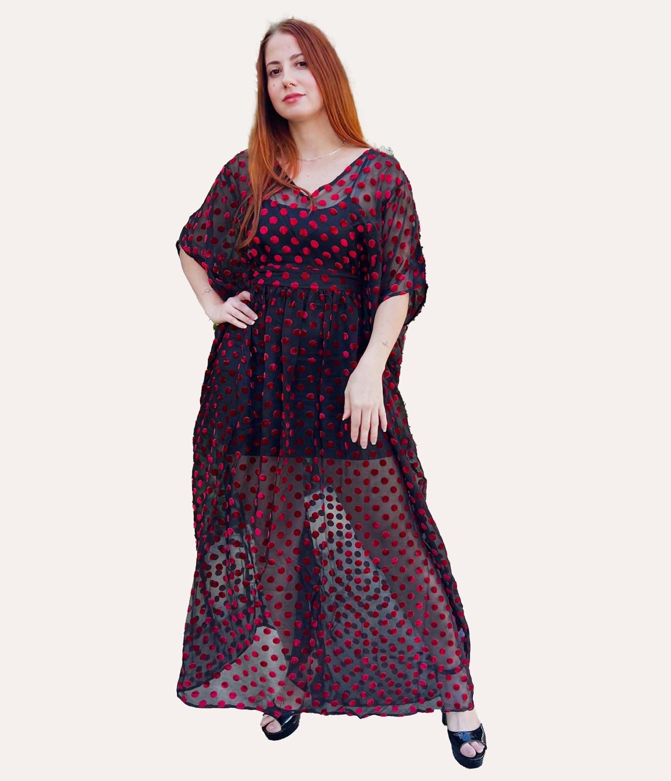 Vintage Black & Red Swiss Dot Burton Caftan Dress - Elegant Flowy Maxi Dress for Women, Perfect for Beach Cover Up, Boho Party, or Summer Vacation Outfits