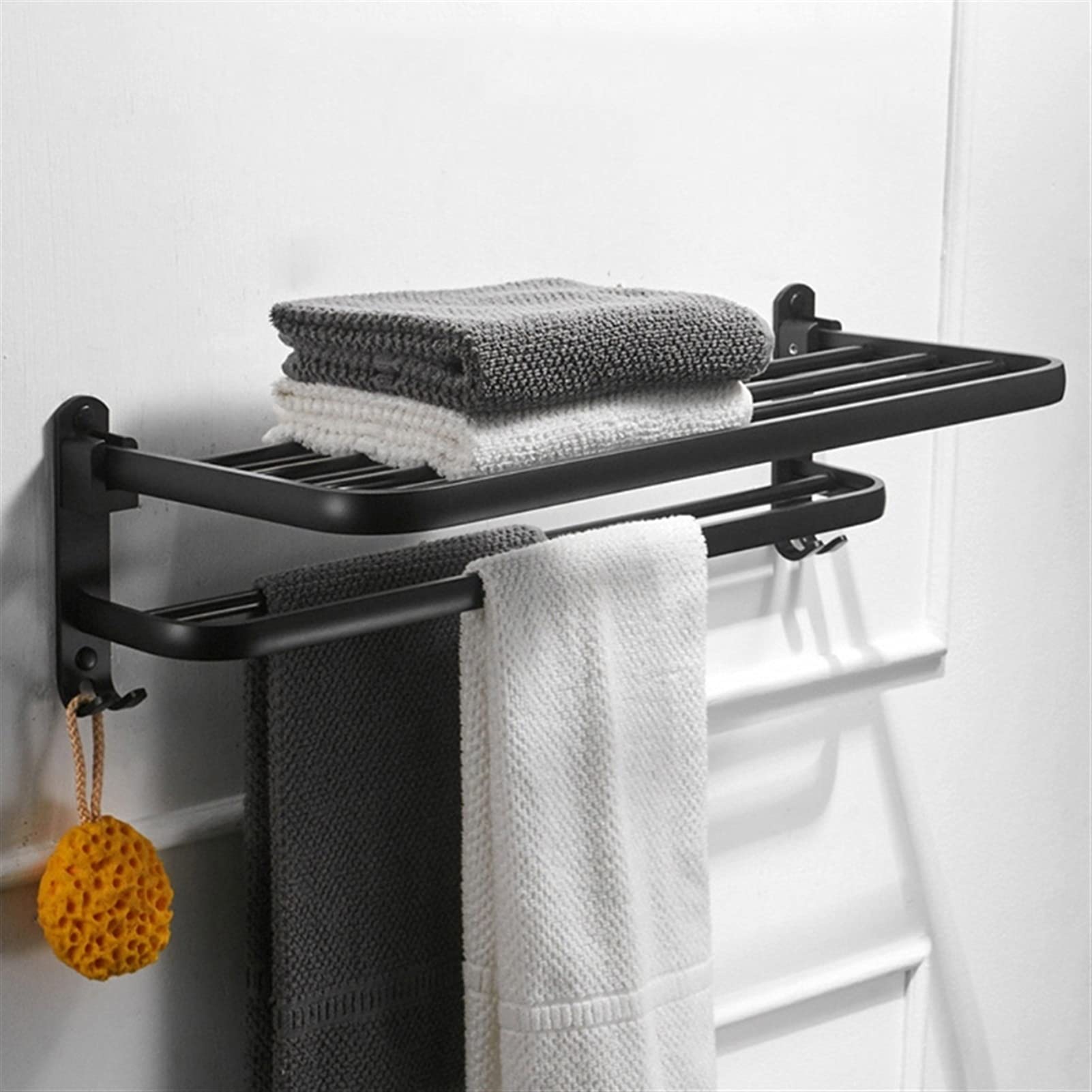 Black Aluminum Wall Mounted Folding Towel Rack with Hook - Space Saving Bathroom Storage Shelf for Towels & Robes - Perfect for Small Bathrooms, Laundry Rooms & Kitchens (40 Inch)