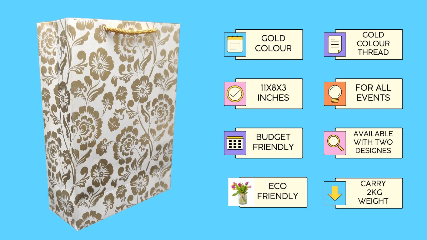 Premium Gold Flower & Mandala Printed Gift Bags - 10 Pack Elegant Paper Carry Bags for Birthday, Wedding, Baby Shower & Party Favors (28x20x7.5cm) - Perfect for Gift Wrapping, Return Gifts & Special Occasions
