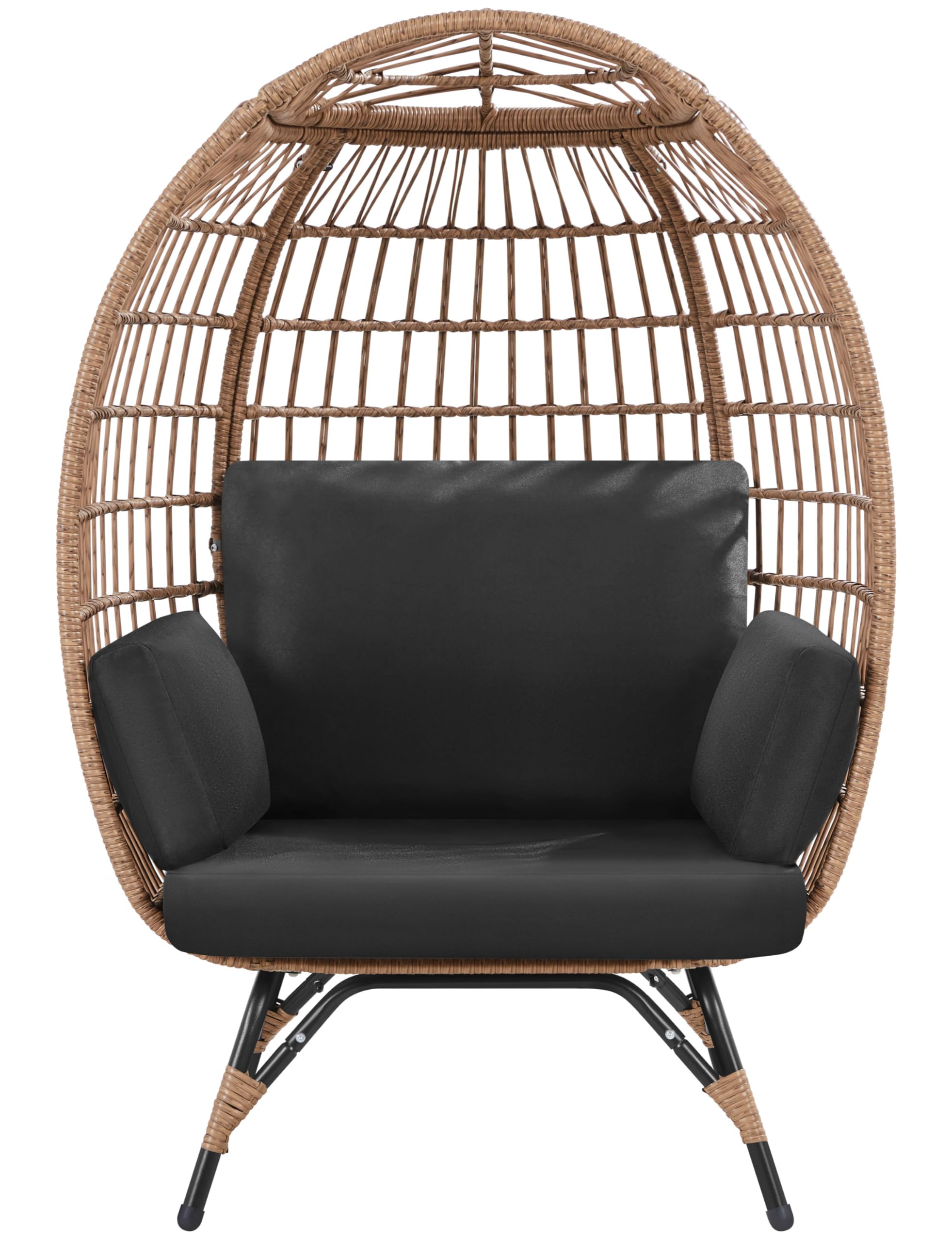 Yaheetech Oversized Egg Rattan Chair - Indoor/Outdoor PE Wicker Hanging Basket Lounger with 4 Cushions & Metal Stand for Patio, Balcony, Backyard, Living Room - Light Brown/Black - Perfect for Relaxing, Reading & Sunbathing