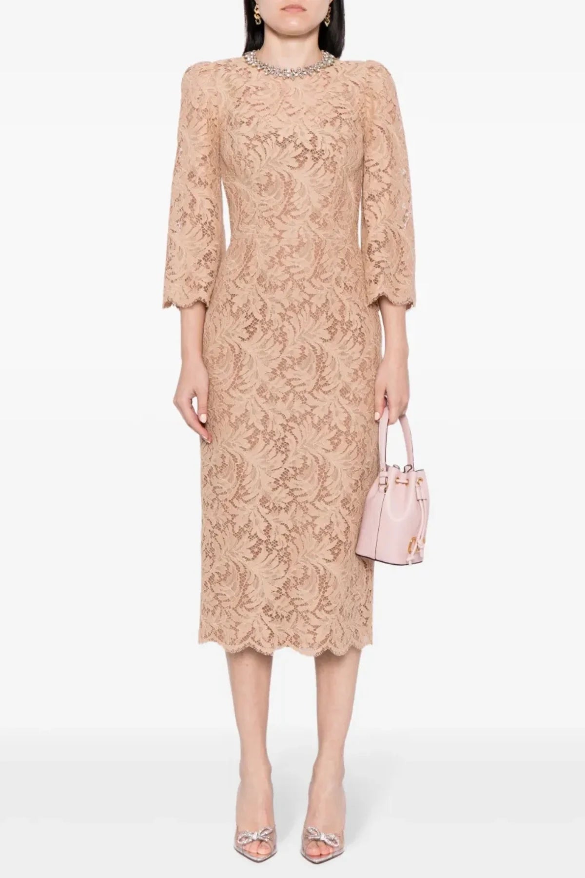 Elegant Acotas Lace Crystal Embellished Midi Dress in Nude - Perfect for Weddings, Parties & Special Occasions