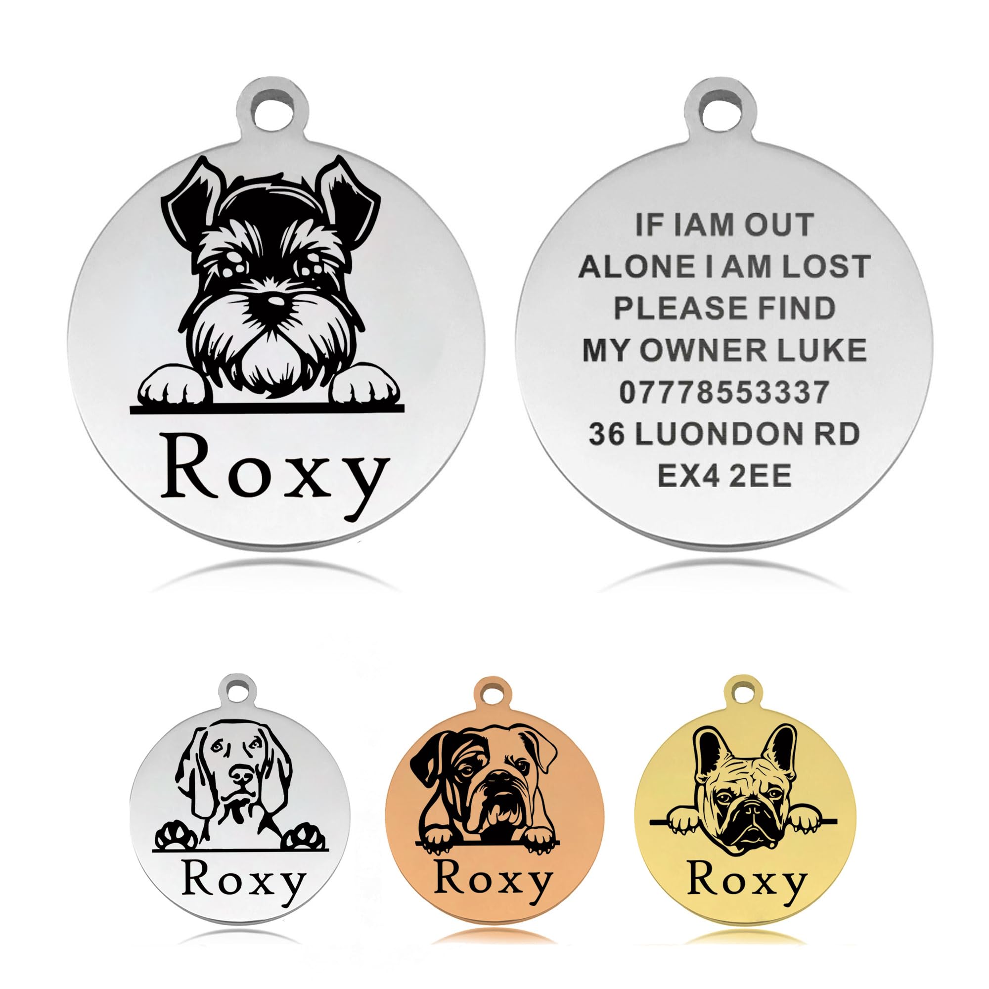 Personalized Stainless Steel Dog ID Tags - Engraved Pet Name Tags for Dogs & Puppies (Silver, Round) | Durable Custom Dog Collar Tags for Daily Walks, Travel & Pet Safety