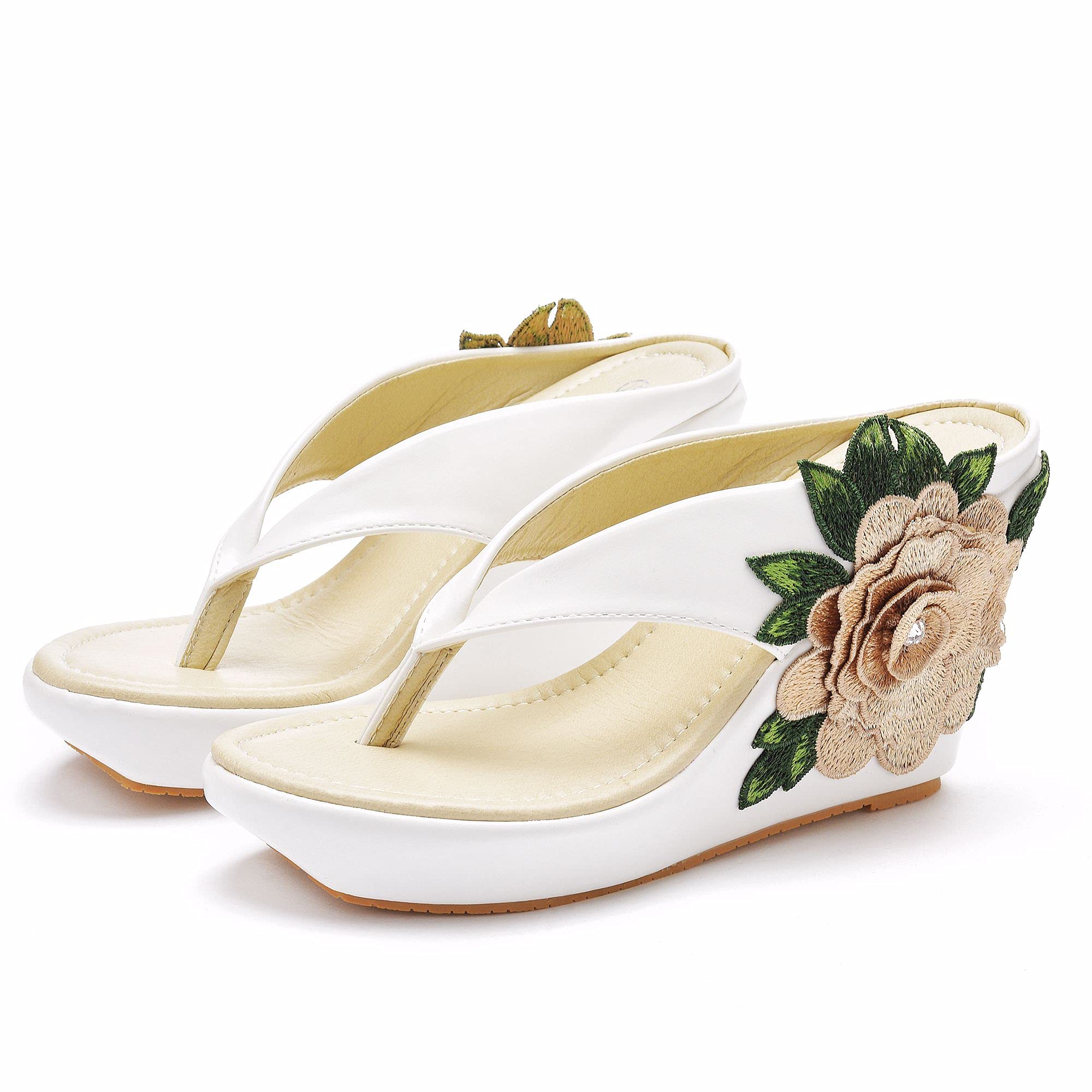 Crystal Queen Women's Bohemian Wedge Sandals - Comfortable Flip Flops for Beach, Summer & Casual Wear | Platform Sandals with Floral Design for Outdoor, Vacation & Fashion
