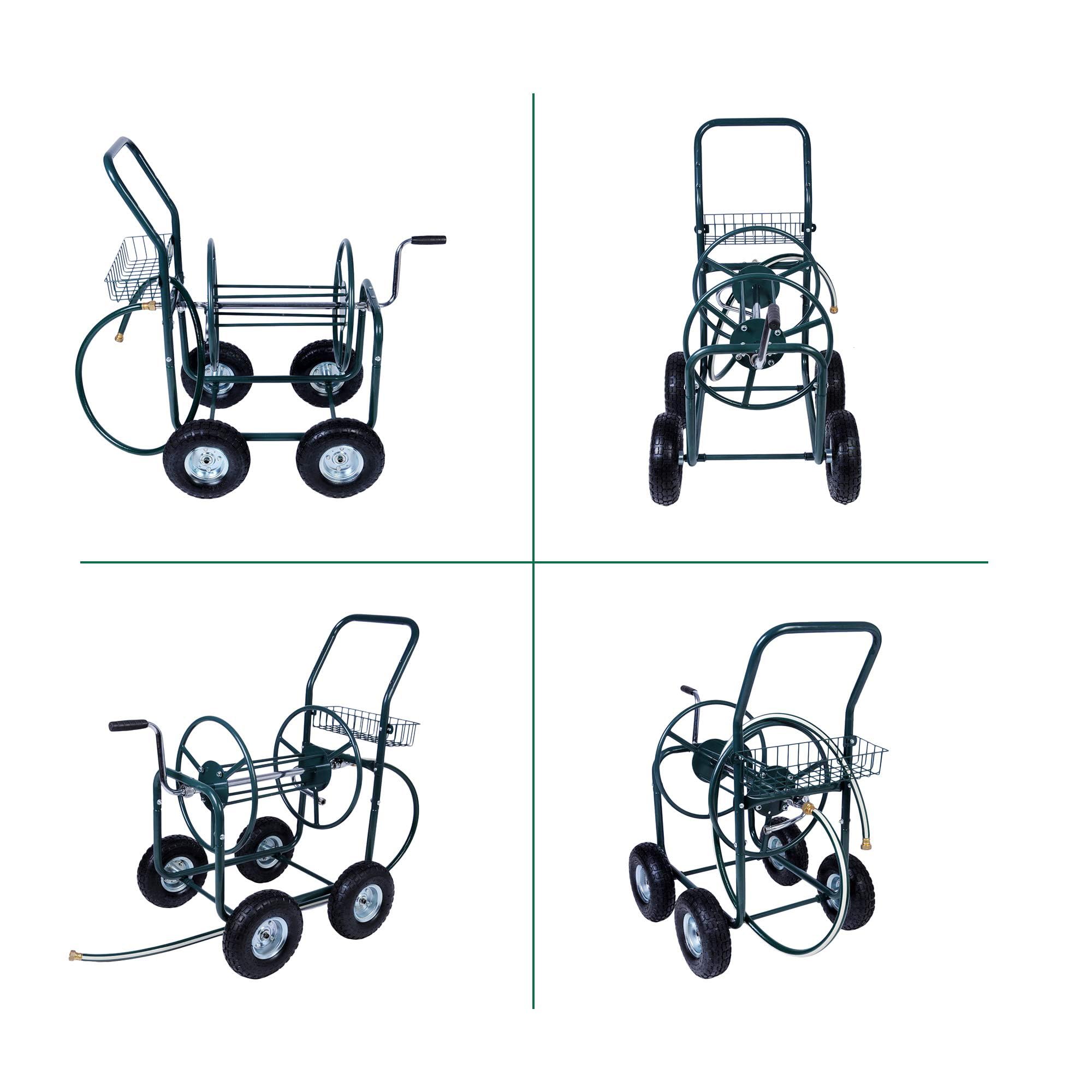 Heavy Duty 4 Wheel Garden Hose Reel Cart with Storage Basket - 390FT Capacity for Yard Watering, Planting & Outdoor Use - Perfect for Lawn Care, Gardening and Backyard Maintenance