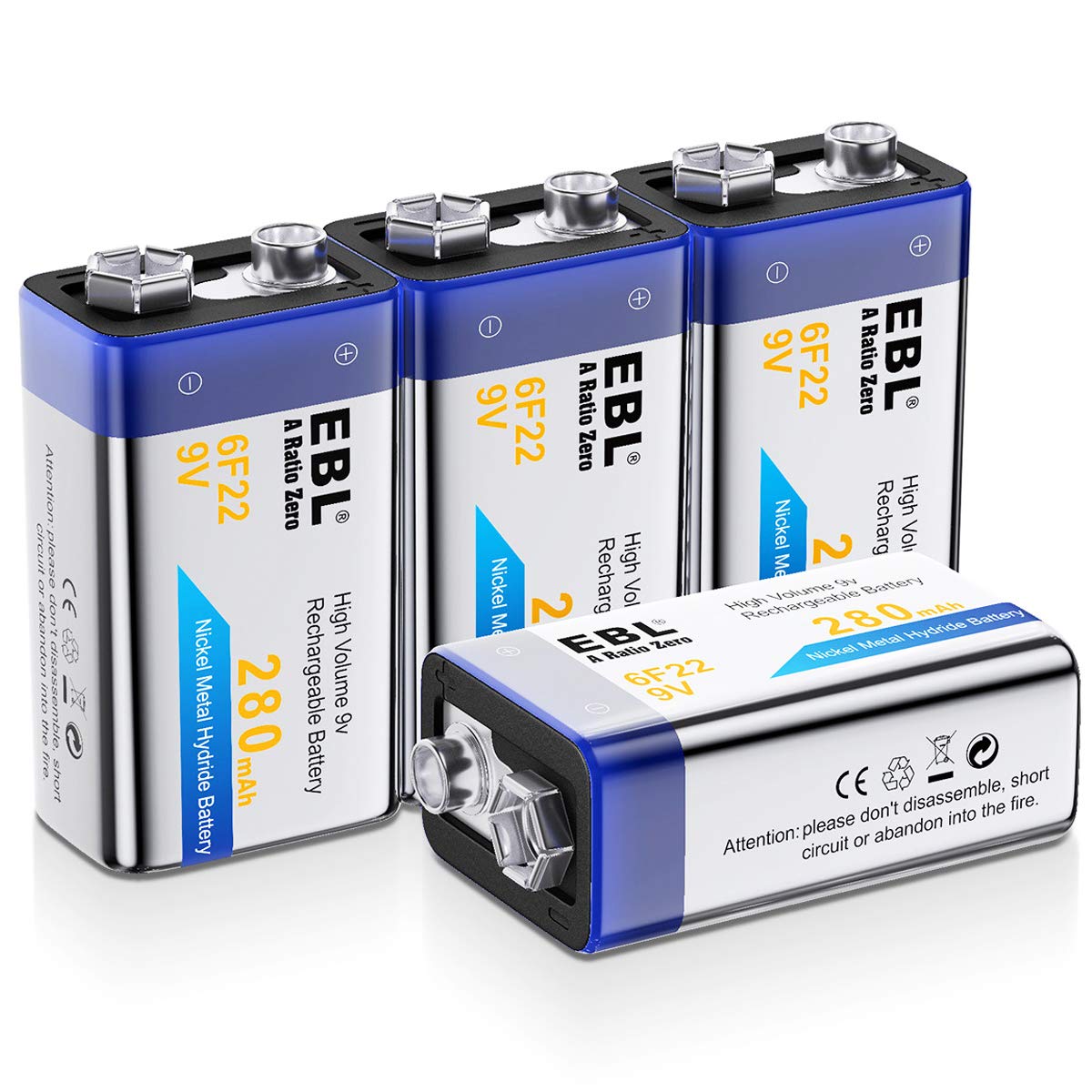 EBL 9V Rechargeable NiMH Batteries 280mAh - 4 Pack for Smoke Alarms, Detectors & Home Safety Devices | Long-Lasting Power for Emergency Use