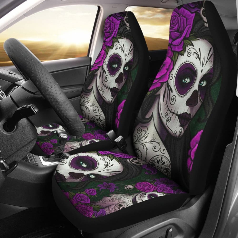 2 Pcs Sugar Skull Girls Car Seat Covers - Colorful Mexican Day of the Dead Design, Universal Fit for Most Vehicles, Soft & Durable Material - Perfect for Teen Girls Room Decor, Halloween Car Accessories, and Dia de Los Muertos Celebrations