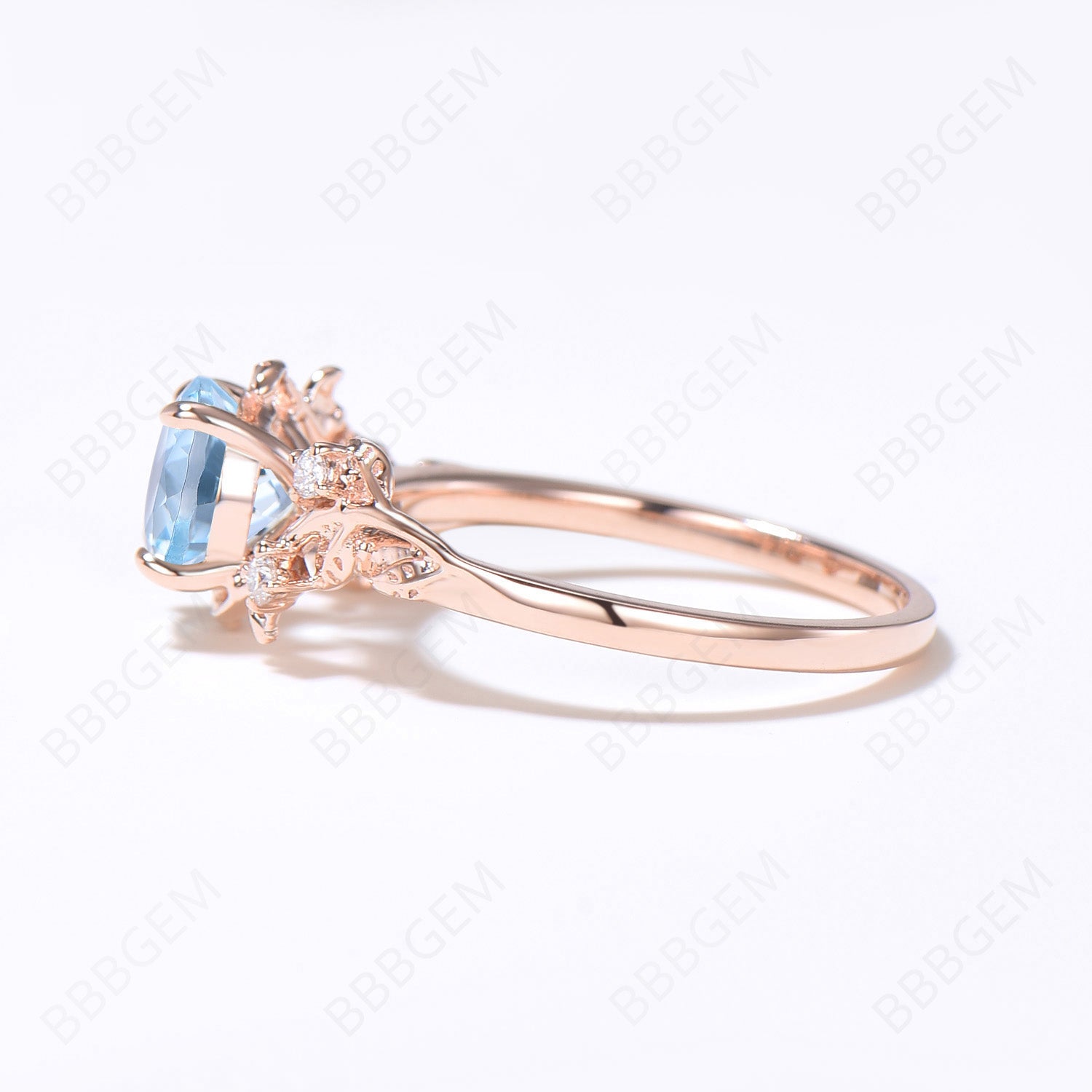 Natural Aquamarine Engagement Ring - 6.5mm Round March Birthstone Wedding Ring with Leaf Branch Design, Elegant Cluster Setting for Proposals, Anniversaries & Special Occasions
