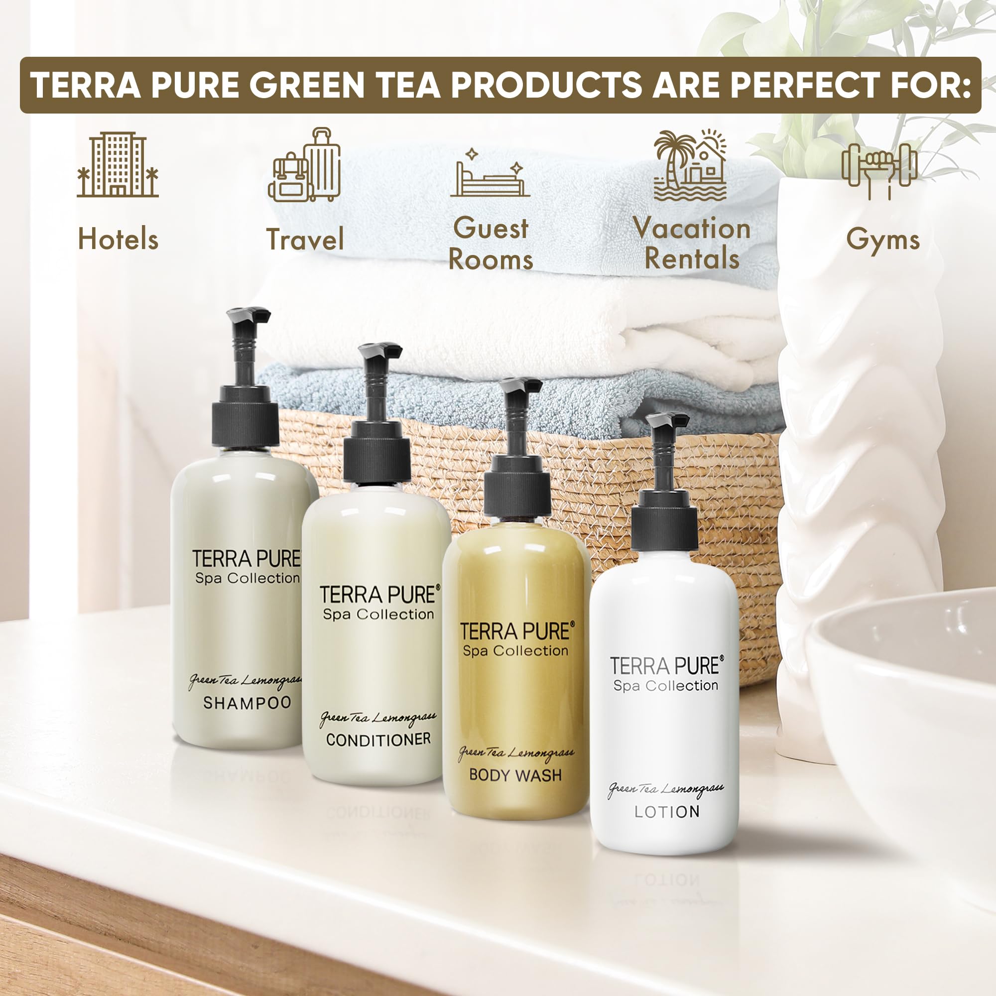 Terra Pure Spa Collection Amenities Set - 10.14oz Shampoo, Conditioner, Hand & Body Wash, Lotion with Pumps (1 of Each) | Luxury Bath & Body Essentials for Hotels, Spas, and Home Relaxation