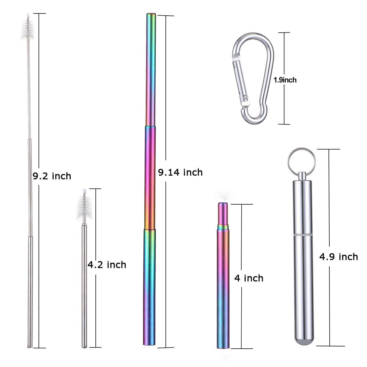 2 Pack Reusable Stainless Steel Telescopic Straws - Collapsible Metal Drinking Straw with Keychain Case & Cleaning Brush | Portable for Travel, Home, Office, Picnics & Outdoor Activities (Red & Blue)