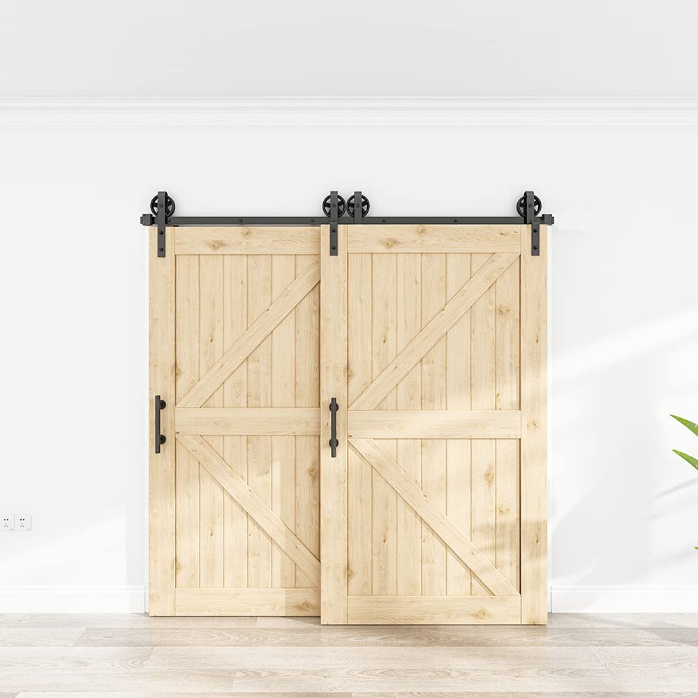 WINSOON 5FT to 10FT Adjustable Bypass Sliding Barn Door Hardware Kit - Heavy Duty Single Track System for Double Doors with Big Spoke Wheels - Low Ceiling Design for Bedroom, Closet, or Farmhouse Style Interior