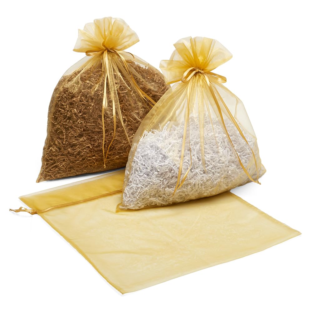Premium Organza Gift Bags 20x21 Inches - Extra Large Gold Mesh Drawstring Pouches (Pack of 10) for Wedding Favors, Party Decor & Jewelry Packaging