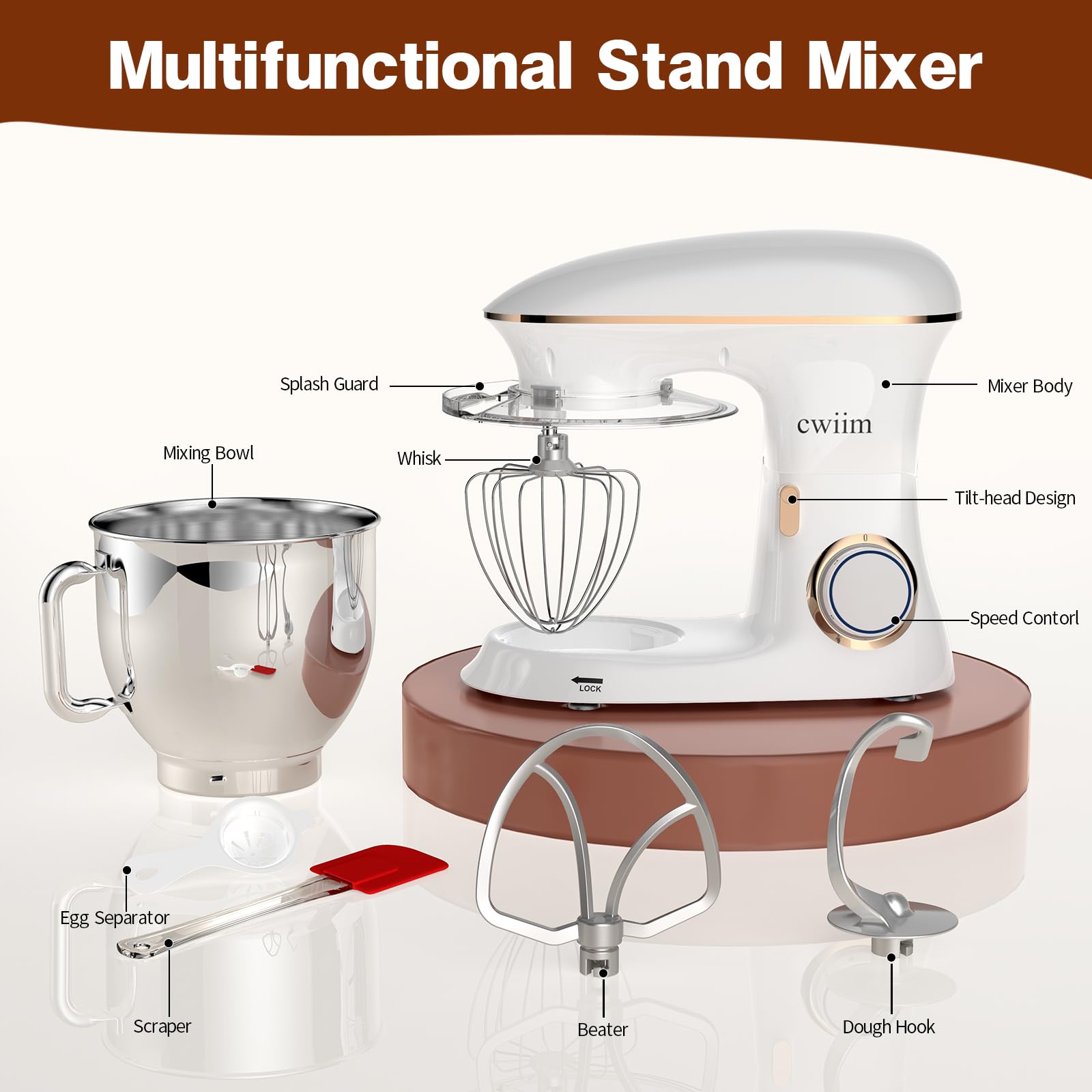 **660W 8.5Qt Stand Mixer - 6+ Speeds Electric Kitchen Mixer with Dough Hook, Flat Beater, Whisk & Splash Guard - Perfect for Baking Bread, Cake, Cookie, Salad & Egg (White) - Ideal for Home Bakers & Professional Chefs**