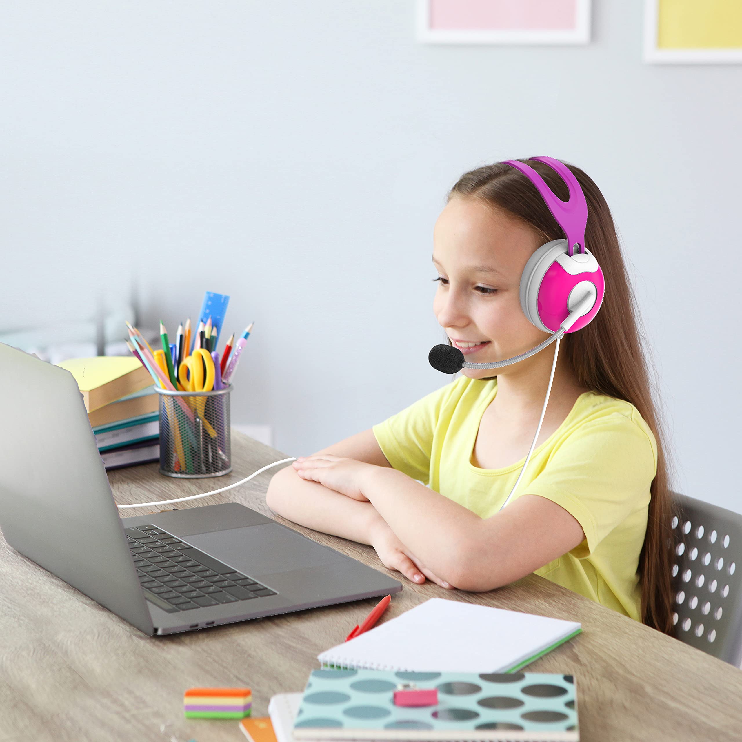 Thore Kids Headphones with Microphone - Over Ear Headset with Boom Mic & Volume Control for Girls - Pink Wireless Headphones for Online School, Gaming, and Remote Learning