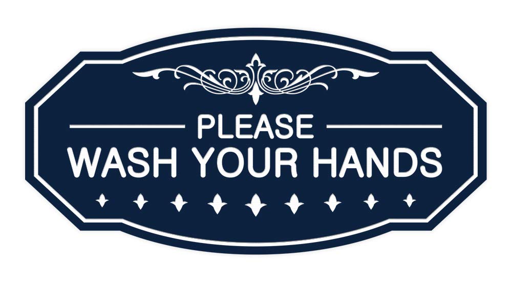 ByLITA Victorian 'Please Wash Your Hands' Sign - Elegant Navy Blue & White Bathroom Decor - Perfect for Restrooms, Kitchens & Vintage Home Decor - Small Size