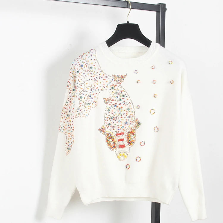 Autumn Women's Designer Fashion Pullover Sweater - Round Neck Cable Knit with Goldfish Bead Detail | Cozy Fall Outfit for Work, Dating & Casual Wear