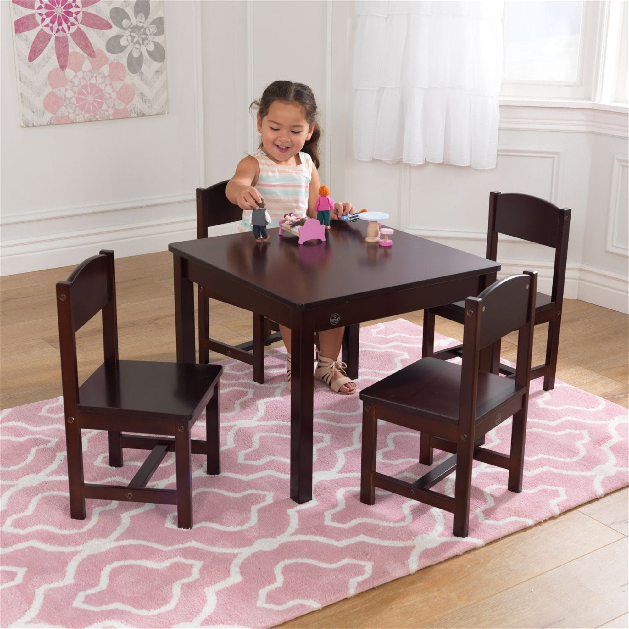 KidKraft Farmhouse Table and 4 Chairs Set - Espresso Wooden Kids Dining Furniture for Kitchen, Playroom, and Outdoor Picnics