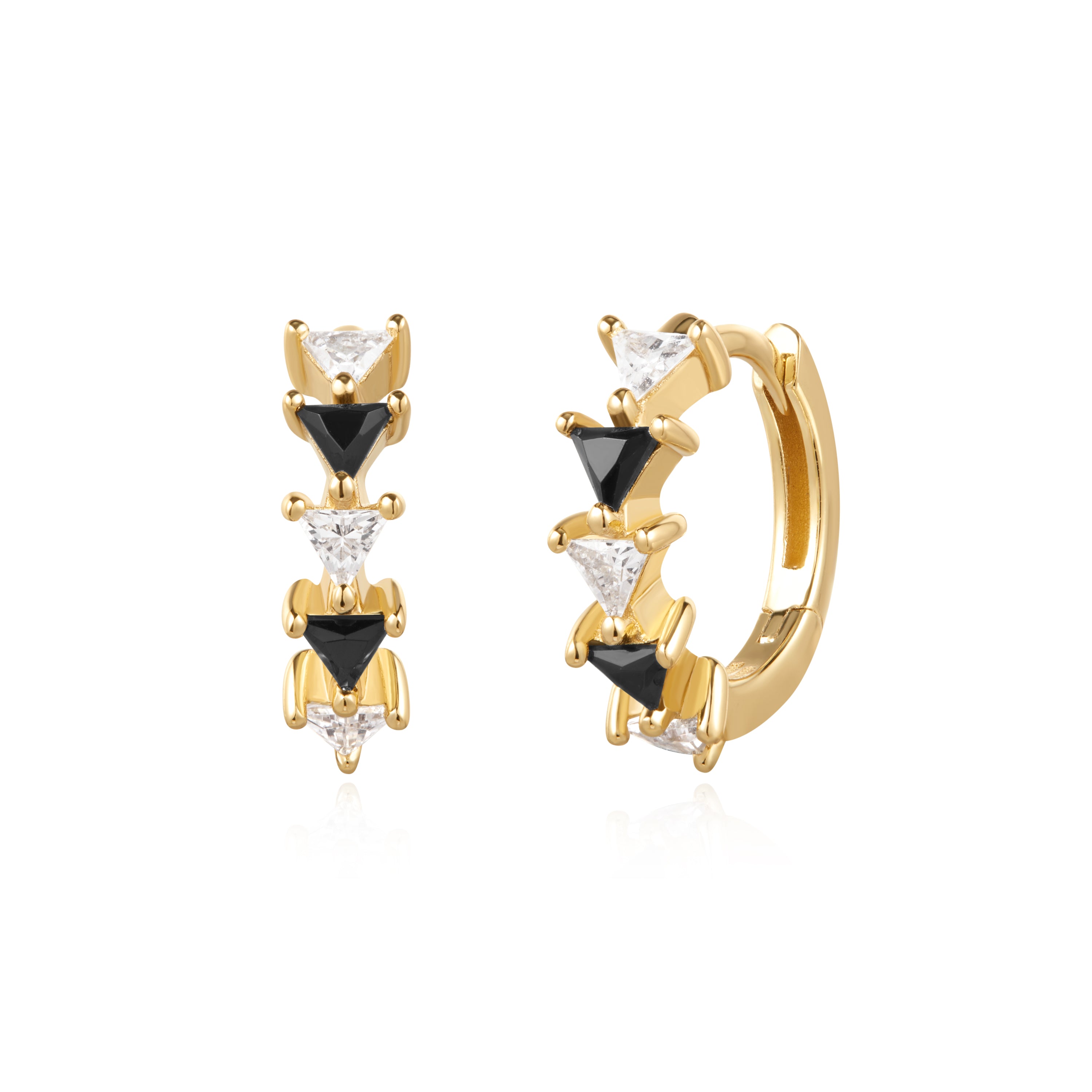Gold & Black/White Triangular Cubic Zirconia Huggie Earrings - Elegant Hoop Earrings for Women, Perfect for Parties, Weddings & Everyday Wear