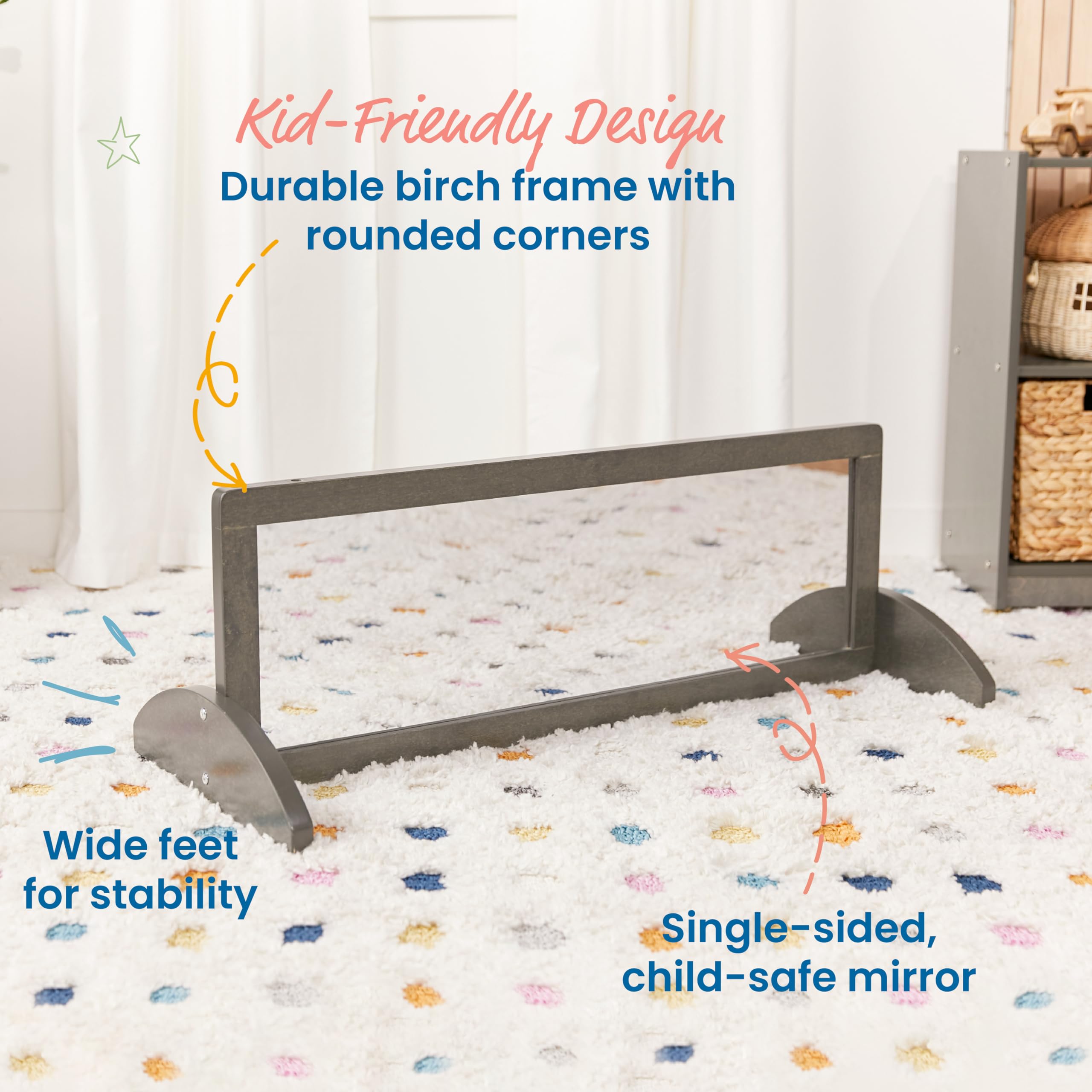 ECR4Kids Toddler Single-Sided Bi-Directional Mirror - Kids Furniture with Grey Wash Finish - Perfect for Playrooms, Preschools & Montessori Classrooms