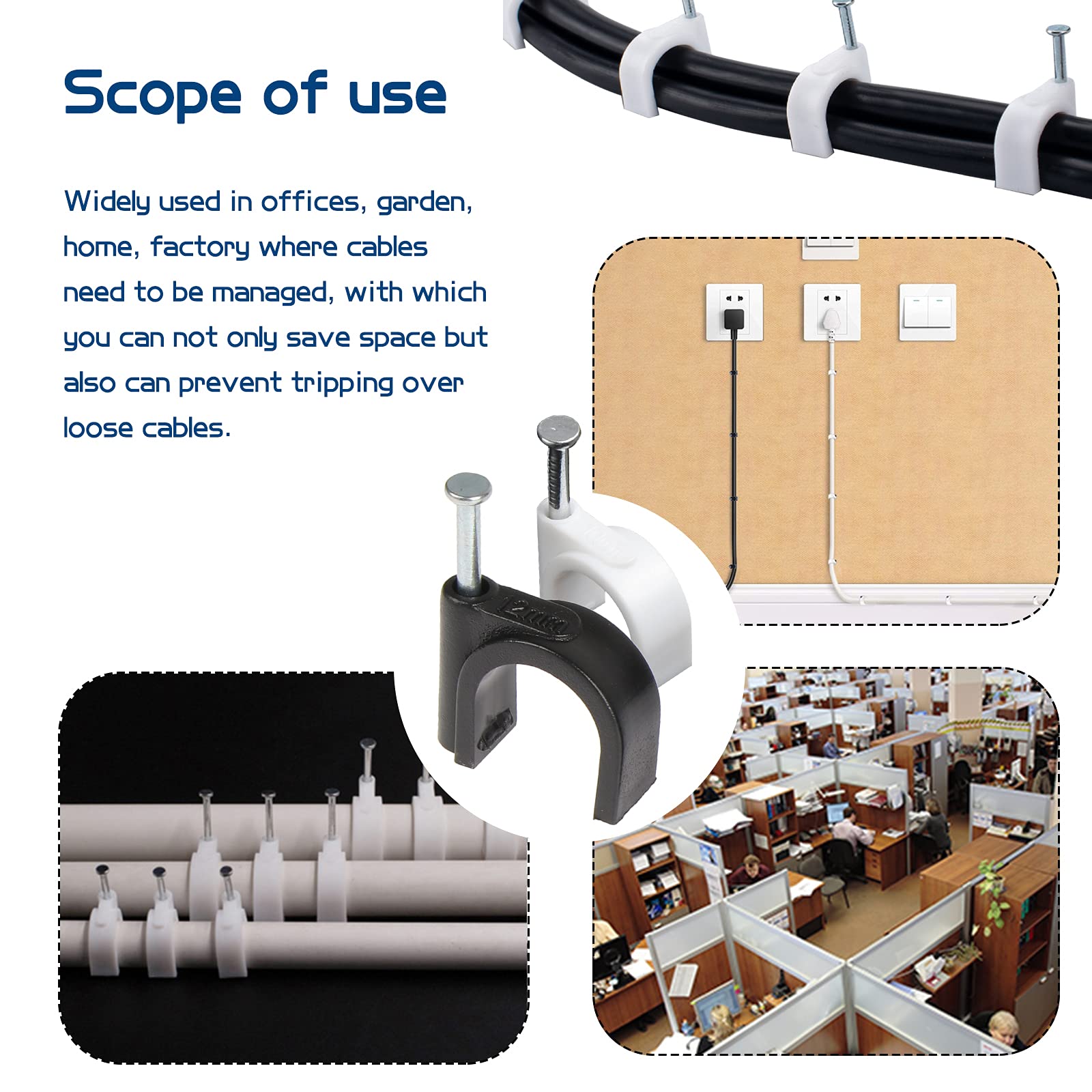 Fippy 600 Pack Round Coaxial Cable Clips 4mm 5mm 6mm 7mm 8mm 10mm 12mm for Nail Cable, RG6, RG59, CAT6, RJ45 & Other Cables - Perfect for Home Theater, CCTV & Network Cable Management