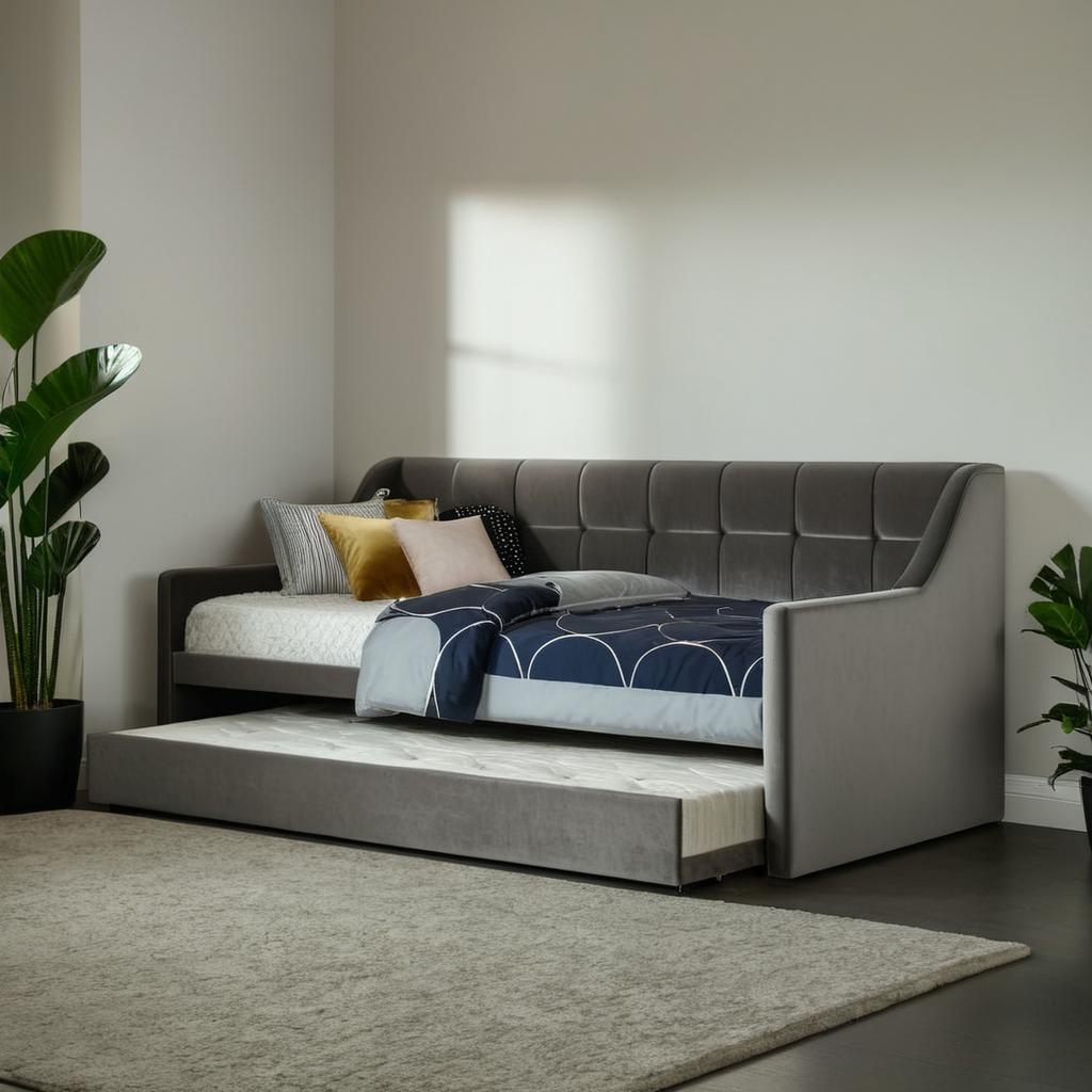 Merryle 3-in-1 Grey Velvet Fabric Daybed with Pull Out Bed Frame - Water Repellent & Space Saving - Perfect for Guest Rooms, Small Apartments & Home Offices