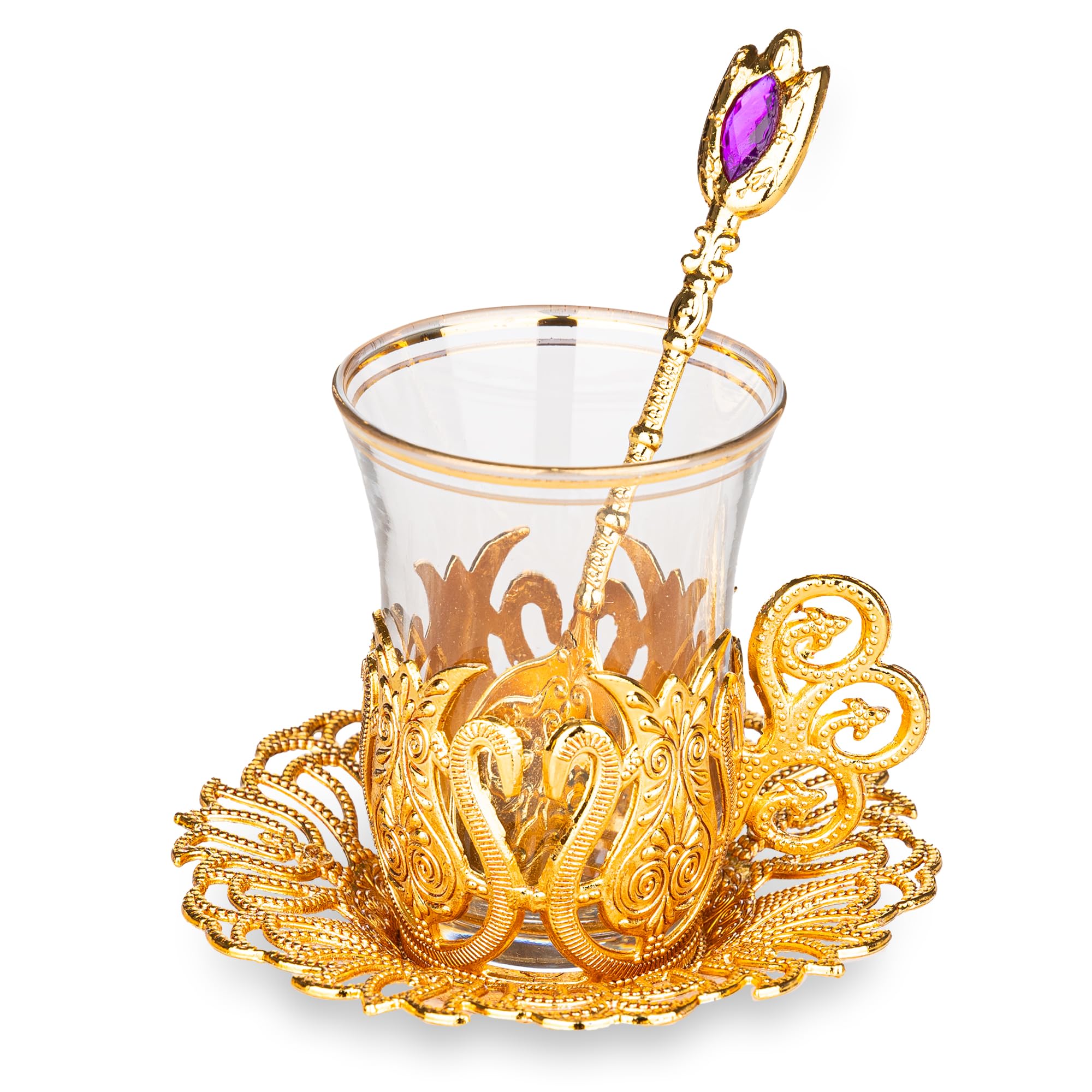 Handmade Turkish Tea Set - 6 Piece Ottoman Style Zamzam Serving Glasses with Saucers & Spoons (Gold) - Perfect for Traditional Tea Ceremonies & Home Decor