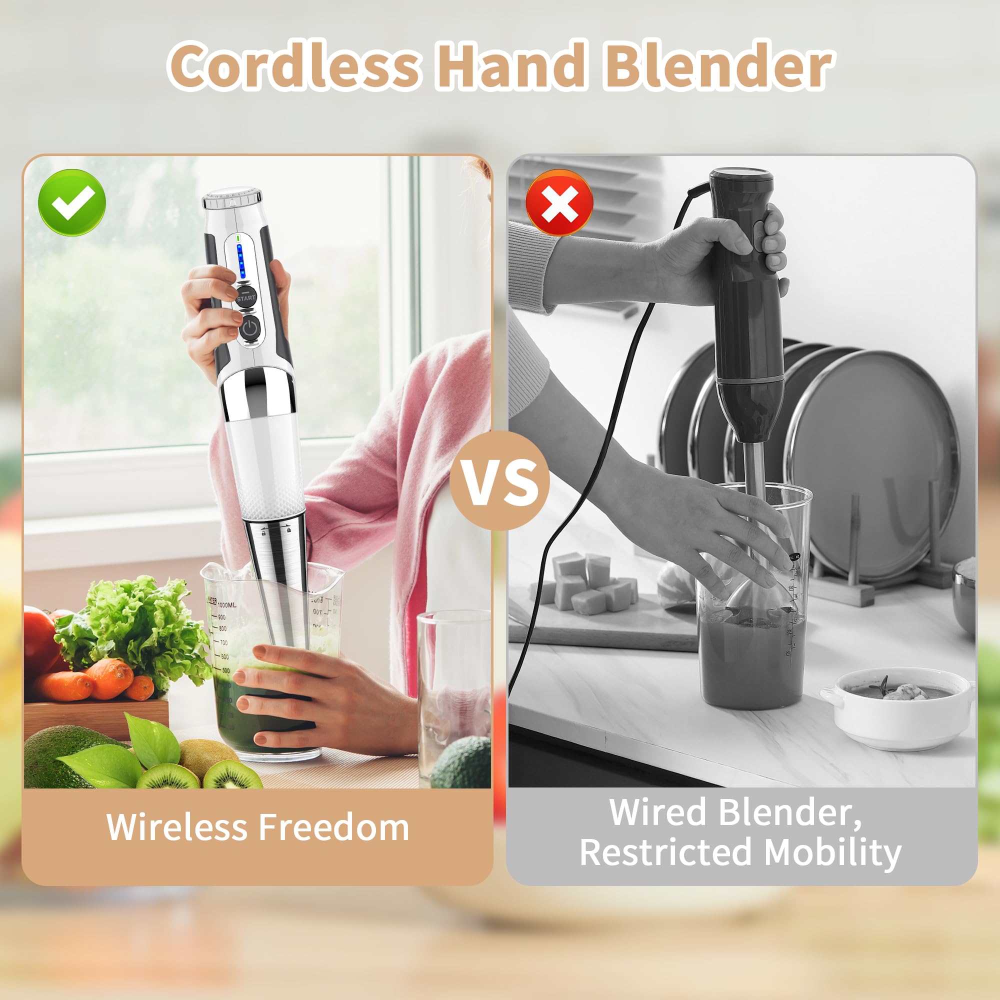 Powerful 21-Speed Cordless Immersion Blender - Rechargeable Handheld Blender with 3-Angle Adjustable Stainless Steel Blades for Smoothies, Soup, Baby Food & Puree - Perfect for Kitchen, Camping & Small Spaces (White)