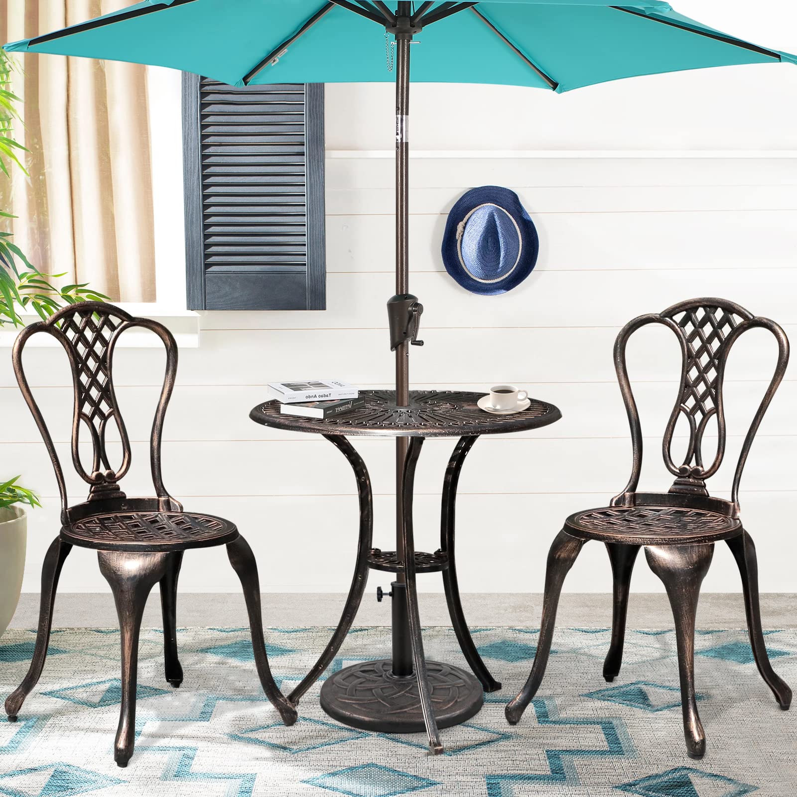 Verano Garden 3-Piece Outdoor Bistro Set - Rust-Resistant Cast Aluminum Patio Table & Chairs with Antique Bronze Finish, Weatherproof for Year-Round Use - Perfect for Small Balconies, Patios, and Indoor Dining Areas