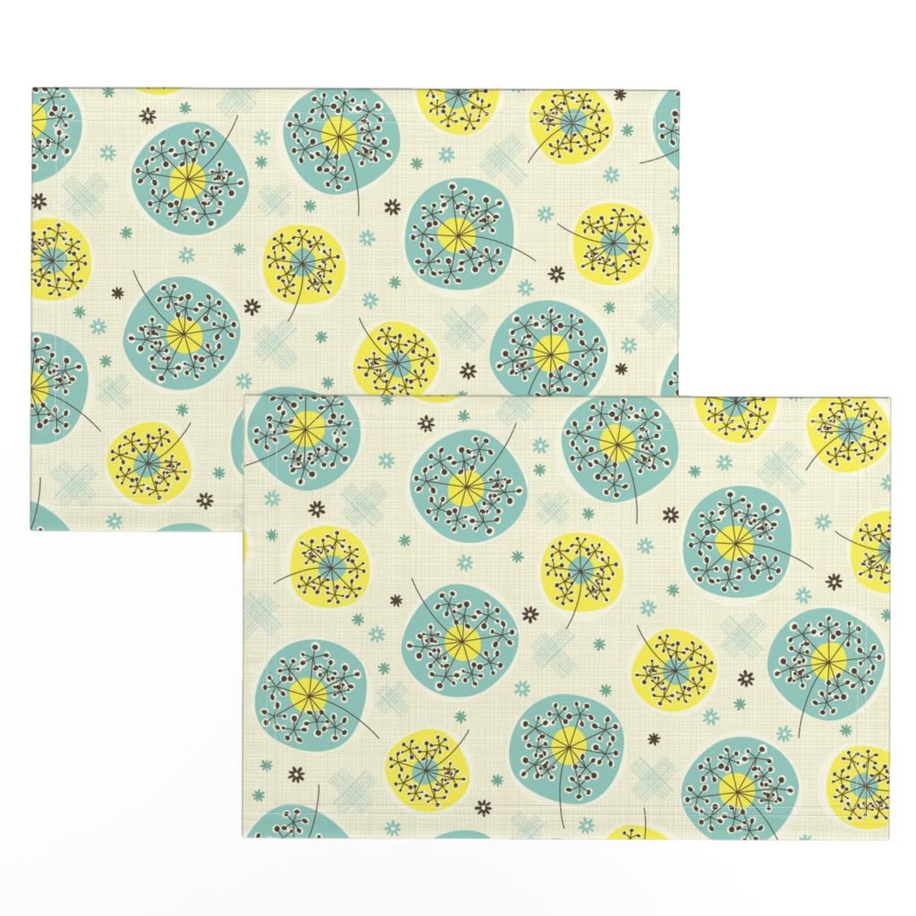 Premium Linen Cotton Canvas Placemats Set of 2 - Midcentury Modern Floral Vintage Dandelion Print Table Mats for Dining Room Decor | Washable & Durable Kitchen Tableware for Parties, Holidays & Everyday Use