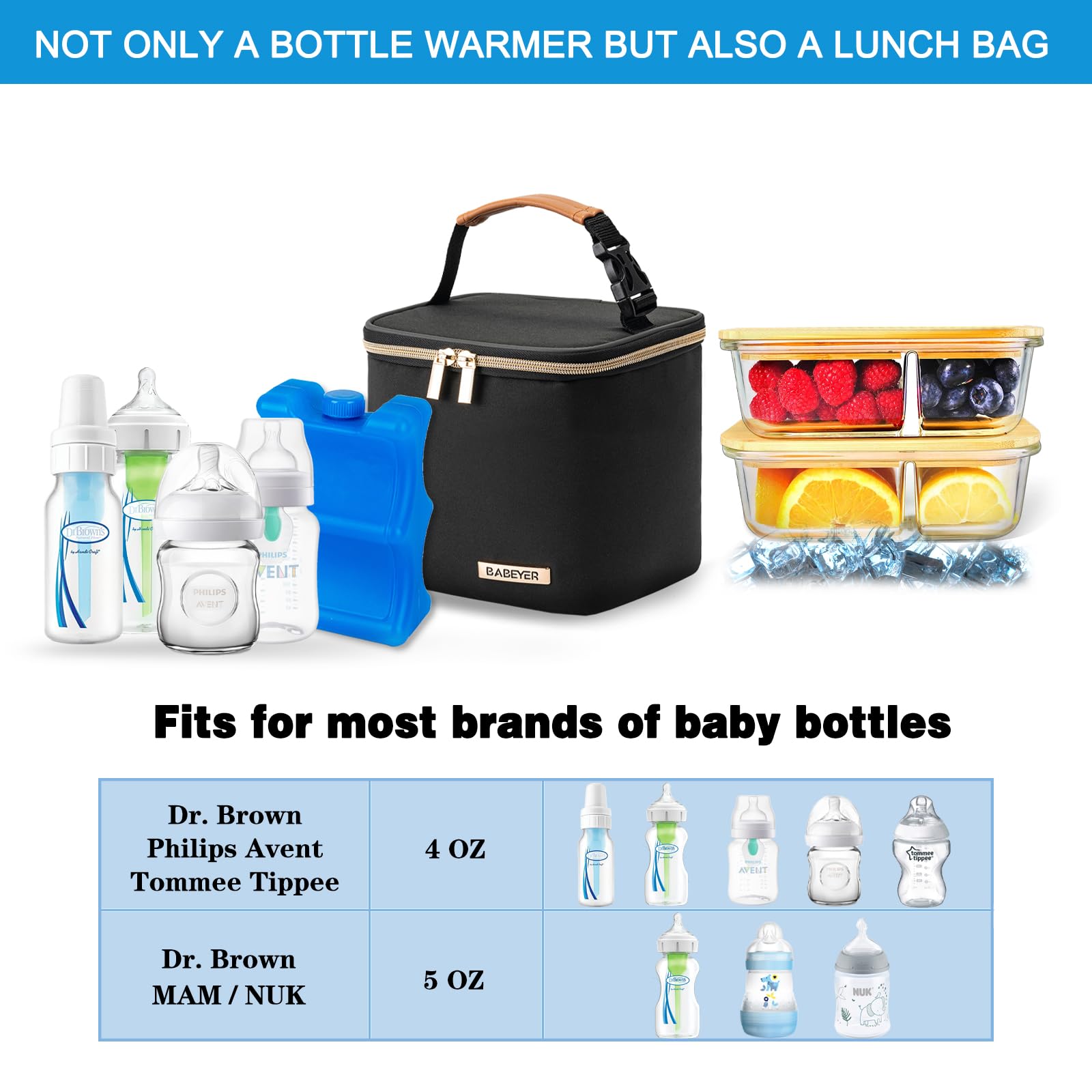 Insulated Bottle Cooler Bag with Ice Pack - Fits 4 Large 5oz Baby Bottles, Perfect for Nursing Moms & Daycare - Black | Ideal for Breastmilk Storage, Baby Formula Transport & On-the-Go Temperature Control