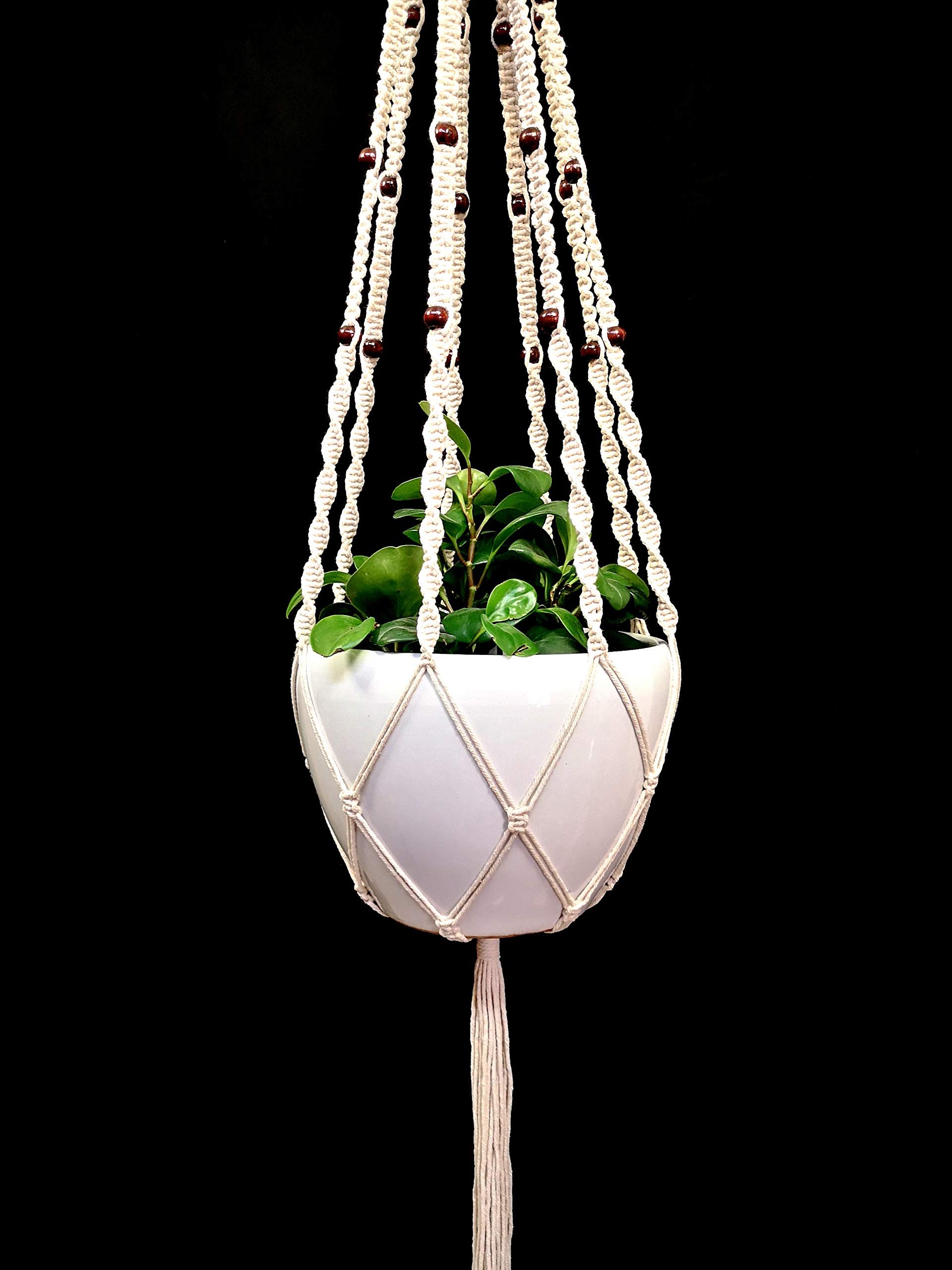 Handmade Cotton Rope Macrame Plant Hanger - 8 Strand 63 Inch Hanging Planter with Hook for 12-13 Inch Pots (Cream) | Boho Home Decor, Indoor Garden, Living Room & Patio Plant Display