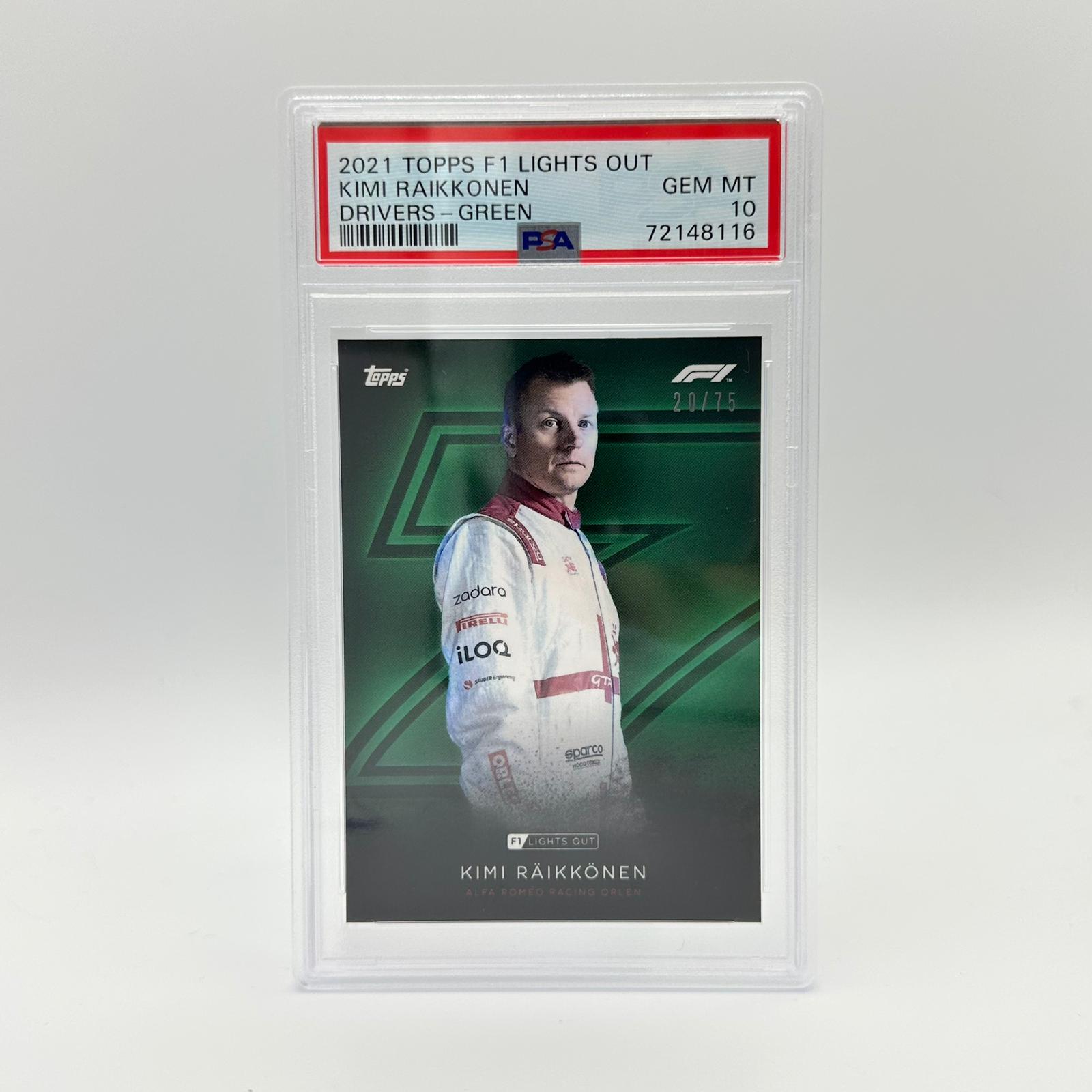 PSA 10 Graded 20/75 Kimi Raikkonen Green Parallel F1 Racing Card - Perfect for Collectors, Fans, and Display in Sports Memorabilia Rooms