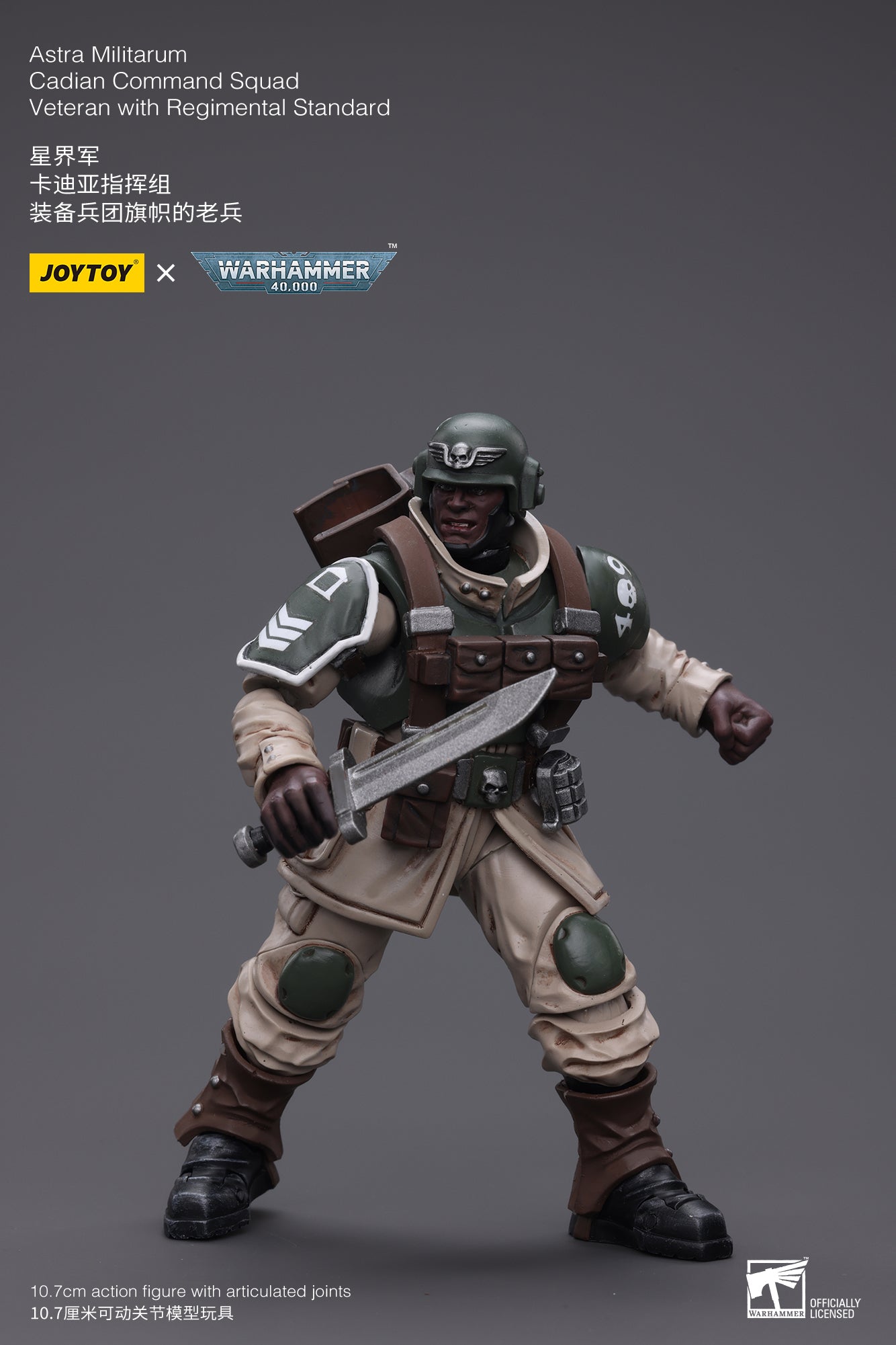 JOYTOY 1/18 Scale 3.75-inch Astra Militarum Cadian Command Squad Veteran Action Figure with Regimental Standard - Warhammer 40K Collectible for Display & Tabletop Gaming
