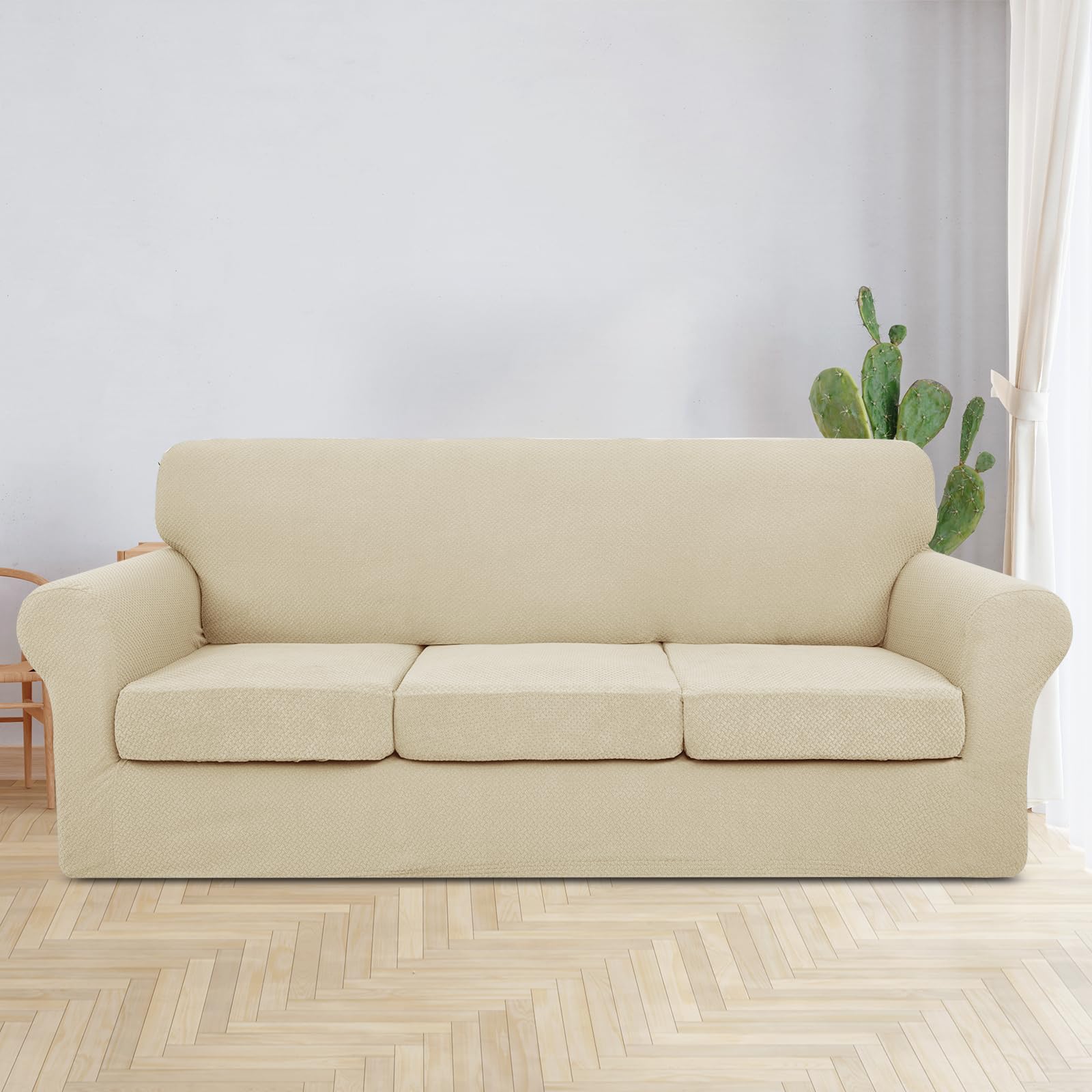 JIVINER 4-Piece Stretch Sofa Slipcover Set with 3 Extra Large Cushion Covers - Thick Fitted Couch Cover for 3-Cushion Sofa in Light Beige - Perfect for Living Room, Family Room & Home Decor (XL Size)