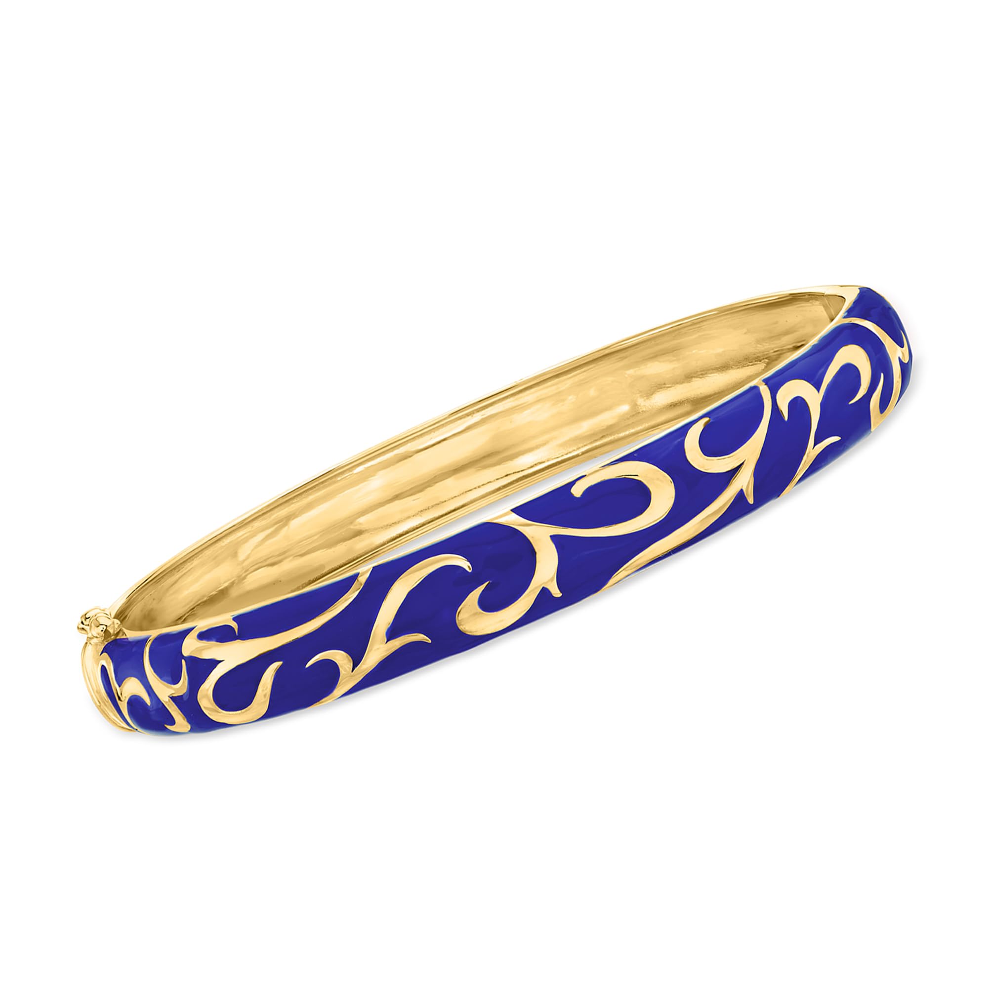 Ross-Simons 18kt Gold Over Sterling Blue Enamel Scroll Bangle Bracelet - 8 Inch Adjustable Women's Jewelry for Parties, Weddings & Gifts