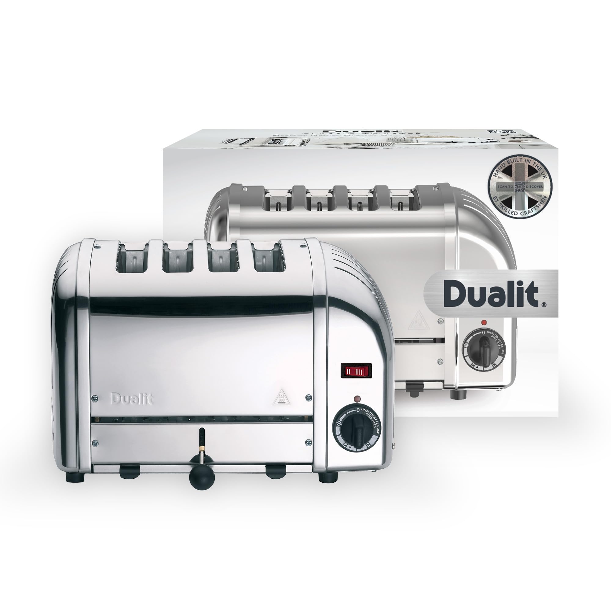 Dualit Classic 4 Slice Vario Toaster - Stainless Steel, Handcrafted in UK - ProHeat® Replaceable Elements - 2/4 Slice Heating, Defrost Function, Mechanical Timer - Durable & Easy to Maintain - Perfect for Breakfast, Brunch & Family Dining