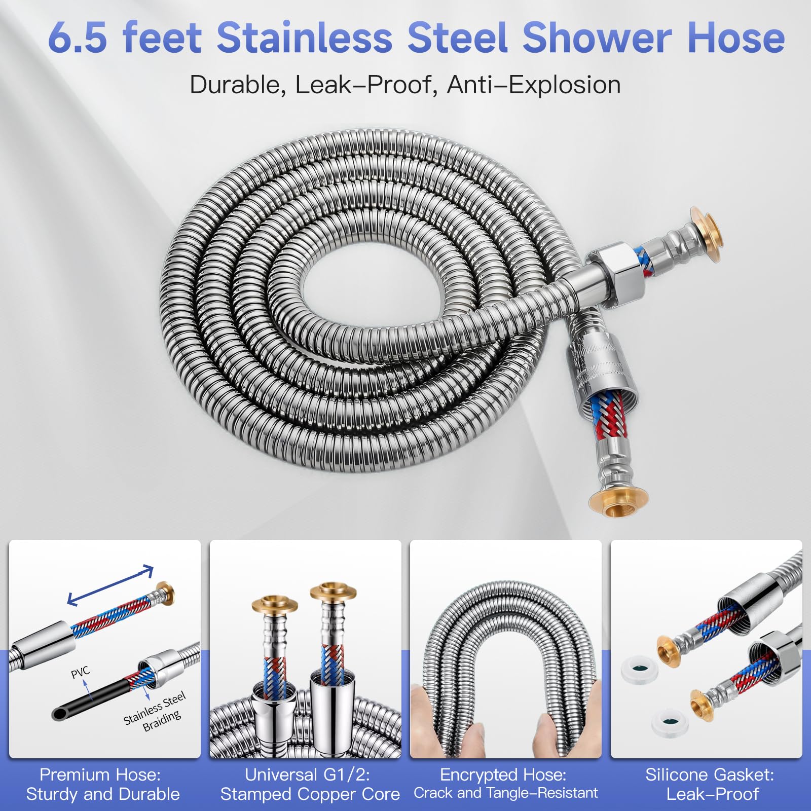 Soft Brush Dog Shower Head Attachment with ON/OFF Button - 5 Spray Modes, Metal Diverter, 6.5ft Stainless Steel Hose & Adhesive Shower Holder - Perfect for Bathing Pets Indoors & Grooming Dogs at Home
