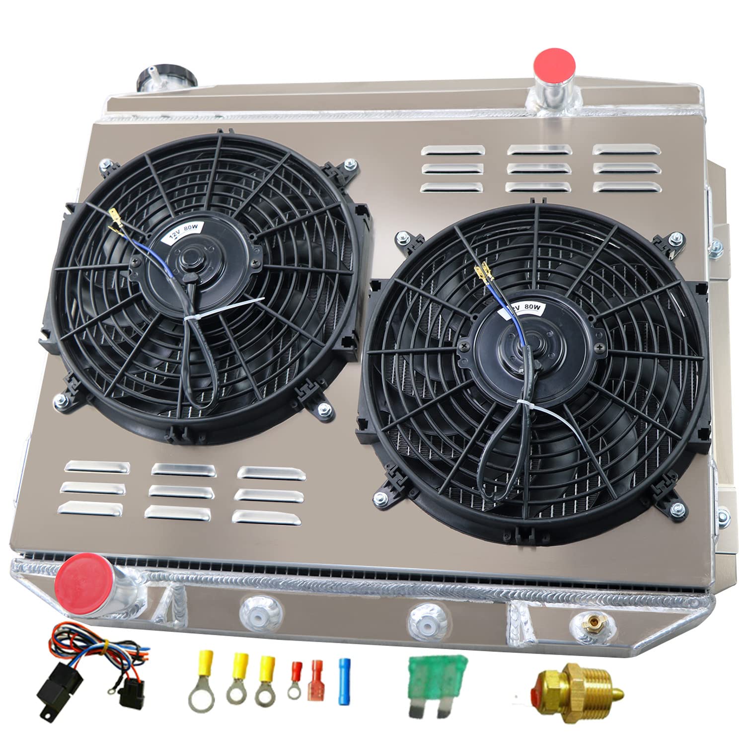 1957-1959 Ford Fairlane Galaxie Ranchero & Mercury Montclair Monterey Park Lane V8 Aluminum Radiator - 4 Row Core with Shroud & Fan Relay | High-Performance Cooling for Classic Cars