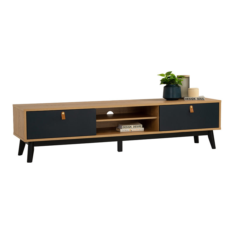 CASTOR 180cm Entertainment TV Stand with Storage - Natural Wood, Navy Blue & Black Finish - Perfect for Living Room, Bedroom & Home Theater Setup