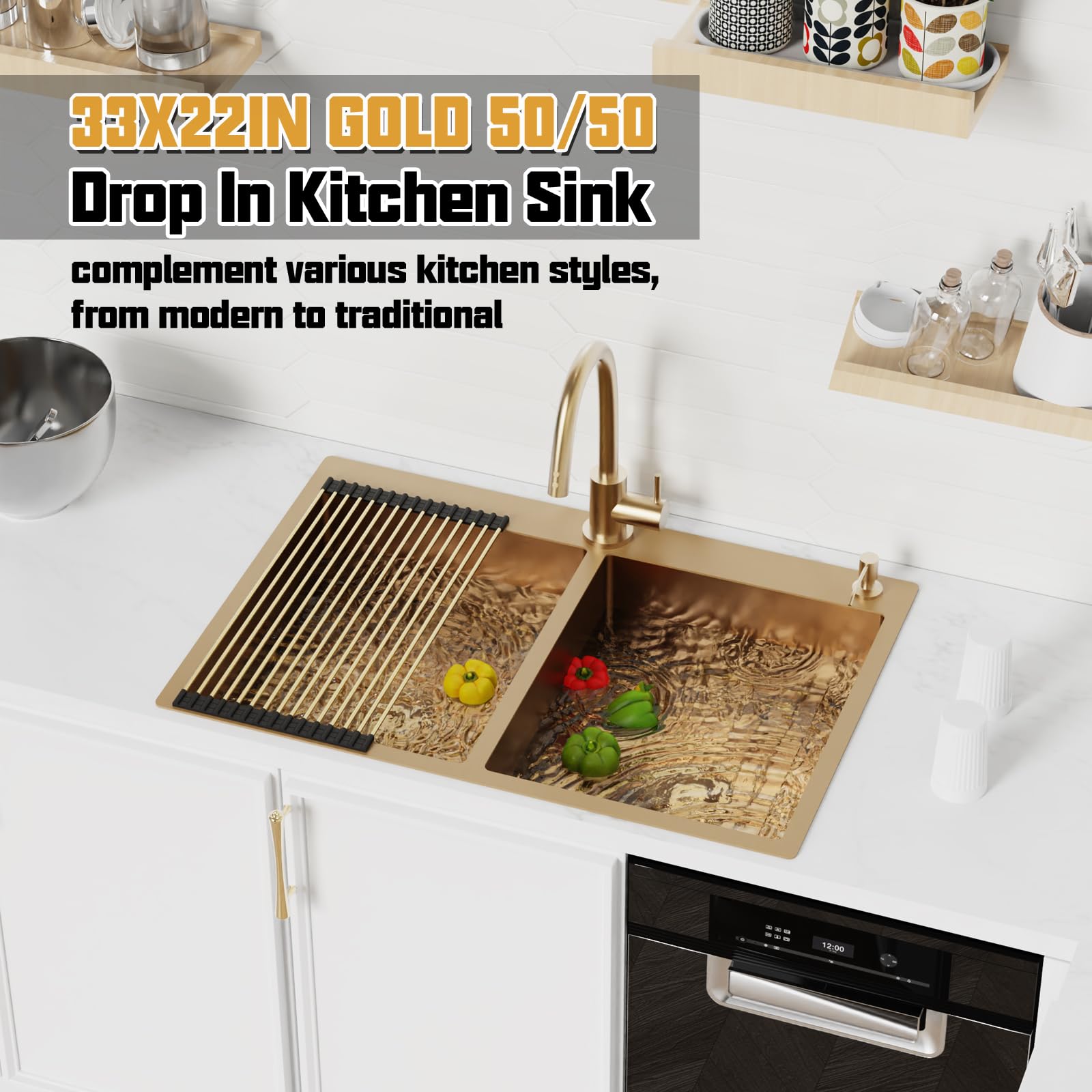 33x22 Inch Gold 50/50 Double Bowl Stainless Steel Drop-In Kitchen Sink with Gold-Tone Accessories - Rack, Grid & Drain Assembly | Modern Luxury Farmhouse & Contemporary Kitchen Upgrade | Perfect for Cooking, Washing & Food Prep