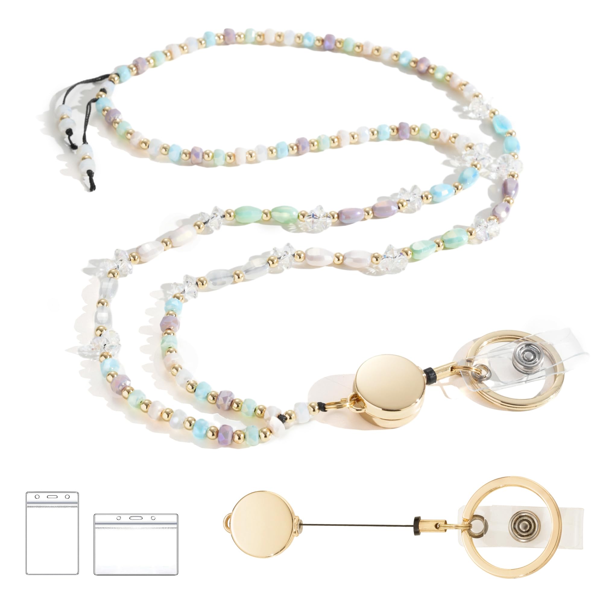 Retractable Beaded Lanyard for Teachers - ID Badge & Key Holder for Women, Cream Crystal Design - Perfect for School & Office Use