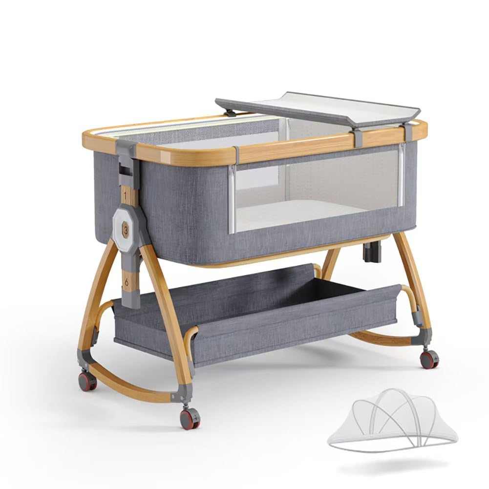 Bonbay 4-in-1 Portable Baby Bassinet with Wheels, Mosquito Net & Storage Basket - Adjustable Height Bedside Sleeper for Newborns | Nursery, Bedroom & Travel Use