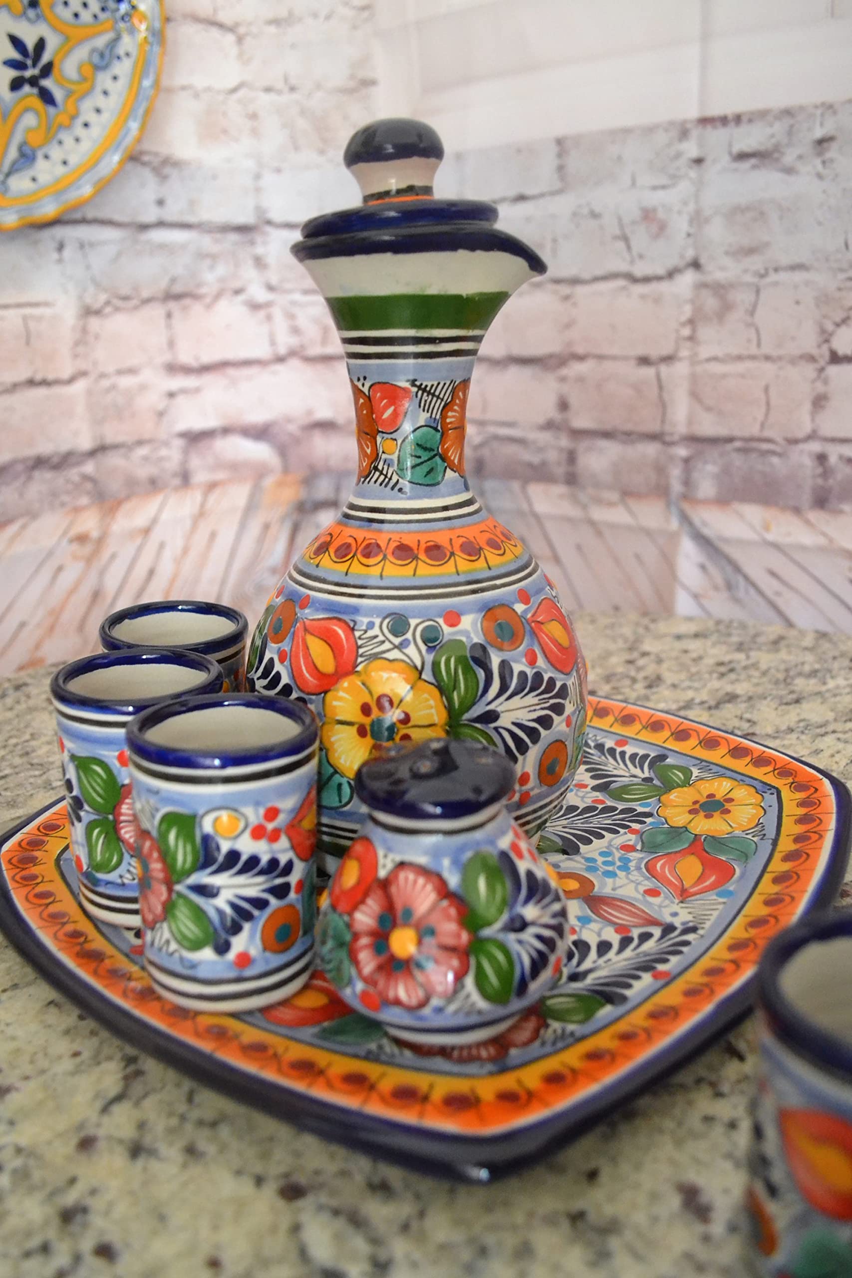 Premium Talavera Tequila Set with Hand-Painted Decanter & 4 Shot Glasses - Authentic Mexican Ceramic Barware for Parties, Gifts & Home Decor (Style CM116)