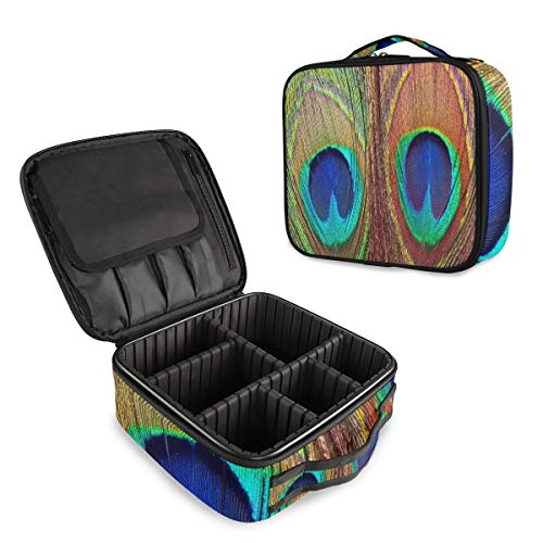 Colorful Peacock Eye Feather Makeup Train Case - Portable Cosmetic Organizer with Adjustable Dividers for Travel, Home & Professional Use | Waterproof Storage Bag for Brushes, Eyeshadow & Beauty Tools