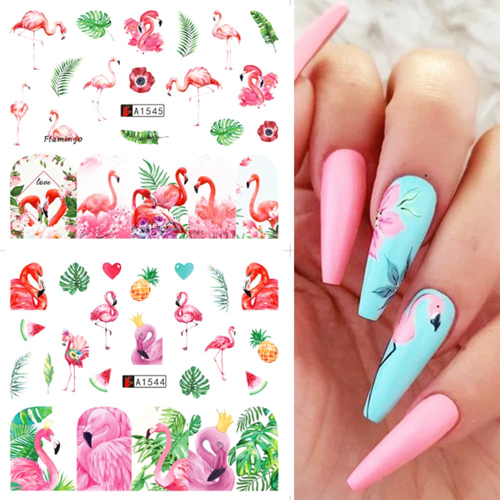 12 Sheet Flamingo Nail Art Stickers - Tropical Flamingo & Green Leaf Design Water Transfer Nail Decals | Summer Nail Decorations | Waterproof Acrylic Nail Stickers for Women DIY Manicure | Perfect for Beach Parties, Vacations & Summer Nail Art