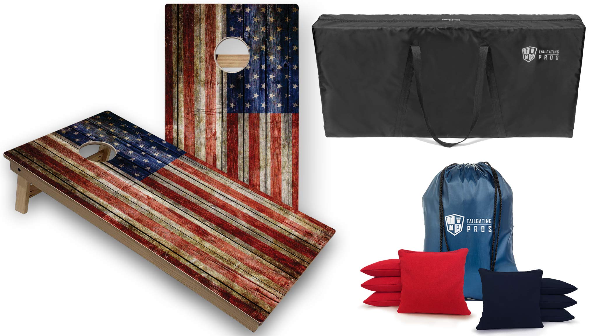 Tournament Grade Cornhole Game Set - 2 Professional 4'x2' Rustic Flag Cornhole Boards, 8 Bags & Carrying Case - Regulation Baltic Birch Wood - Optional LED Lights - Perfect for Tailgating, Backyard Parties & Outdoor Events