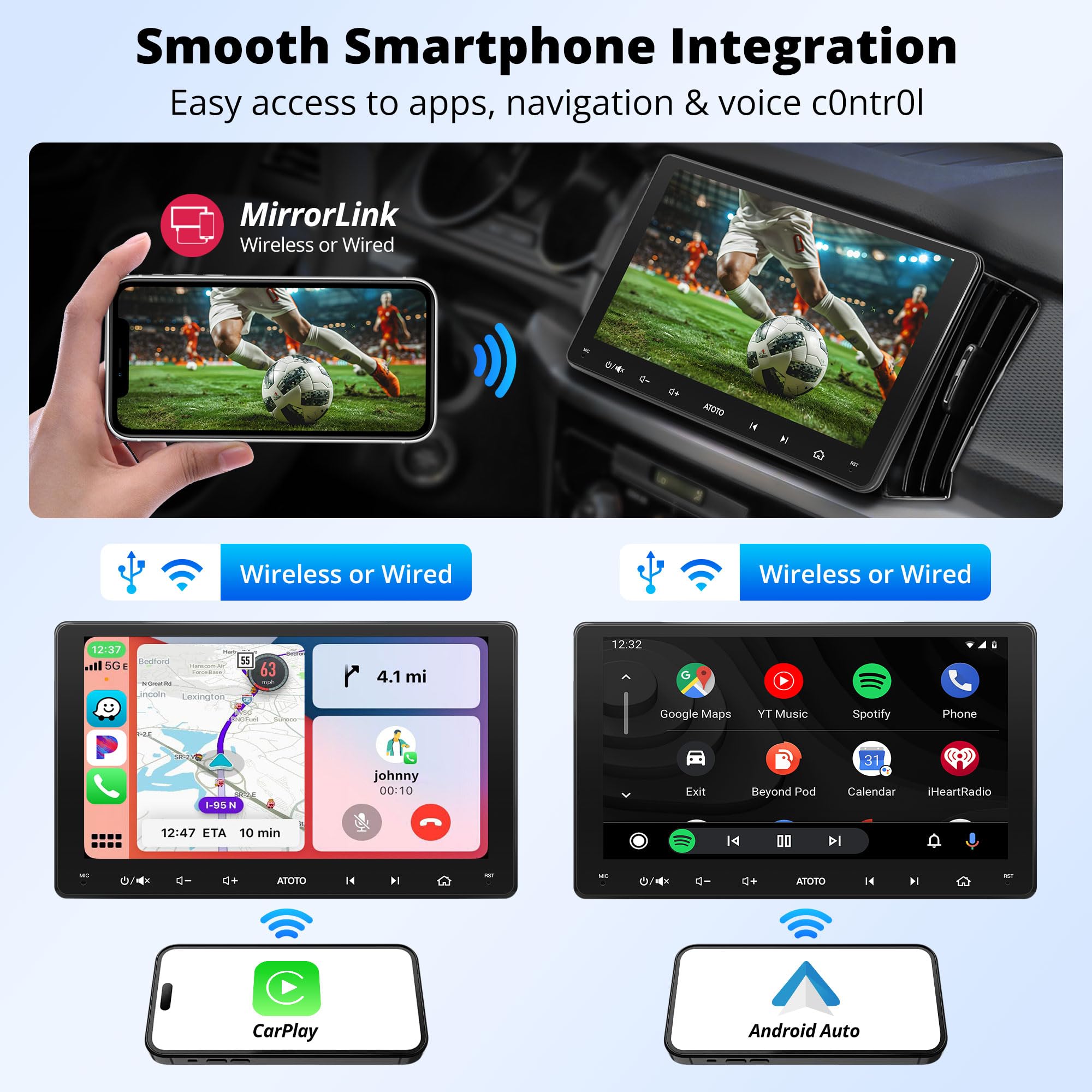 ATOTO 9 Inch Android Car Stereo Double Din Head Unit with Dash & Rear View Camera - 2GB RAM 32GB ROM, Wireless Apple CarPlay & Android Auto, Mirror Link, GPS Navigation, Dual Bluetooth, WiFi/BT/USB Tethering, HD LRV - Perfect for Road Trips & Daily Commuting