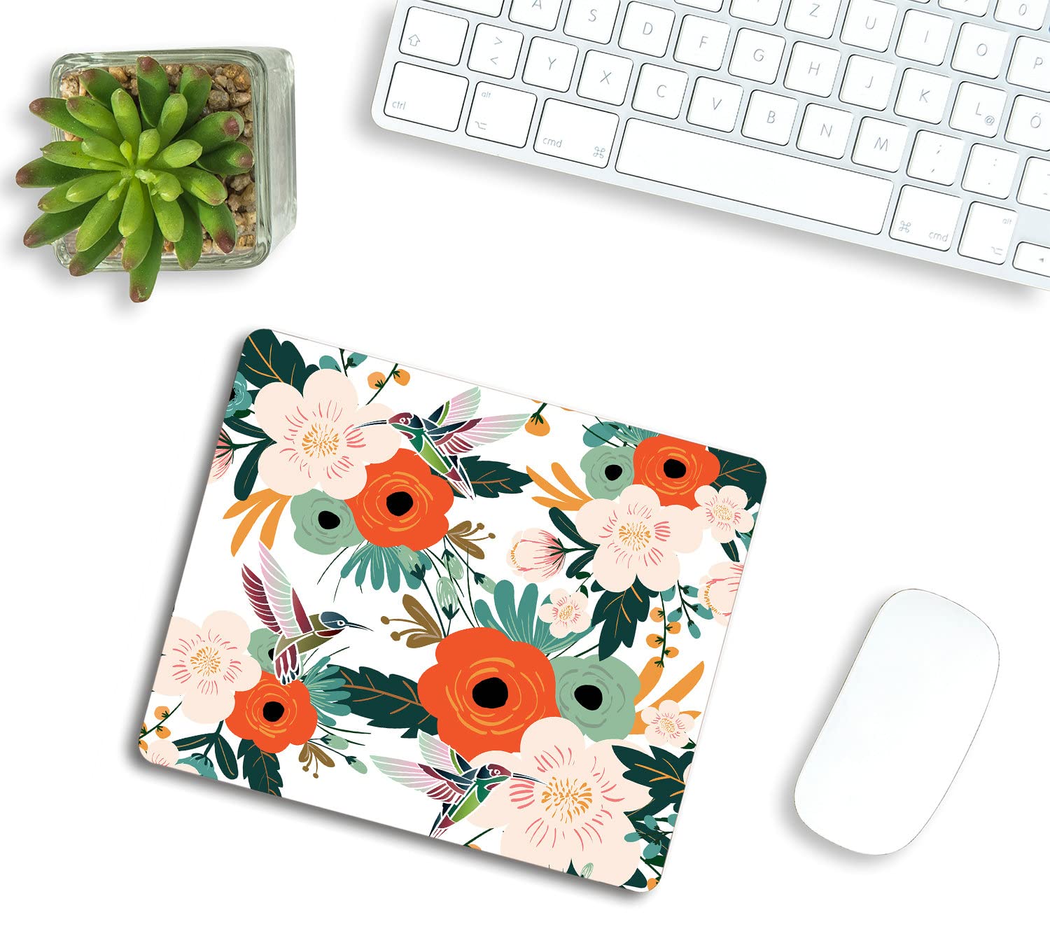 Boho Floral Mouse Pad with Hummingbird Design - Non-Slip Rubber Base Square Mouse Mat for Office & Laptop (9.5