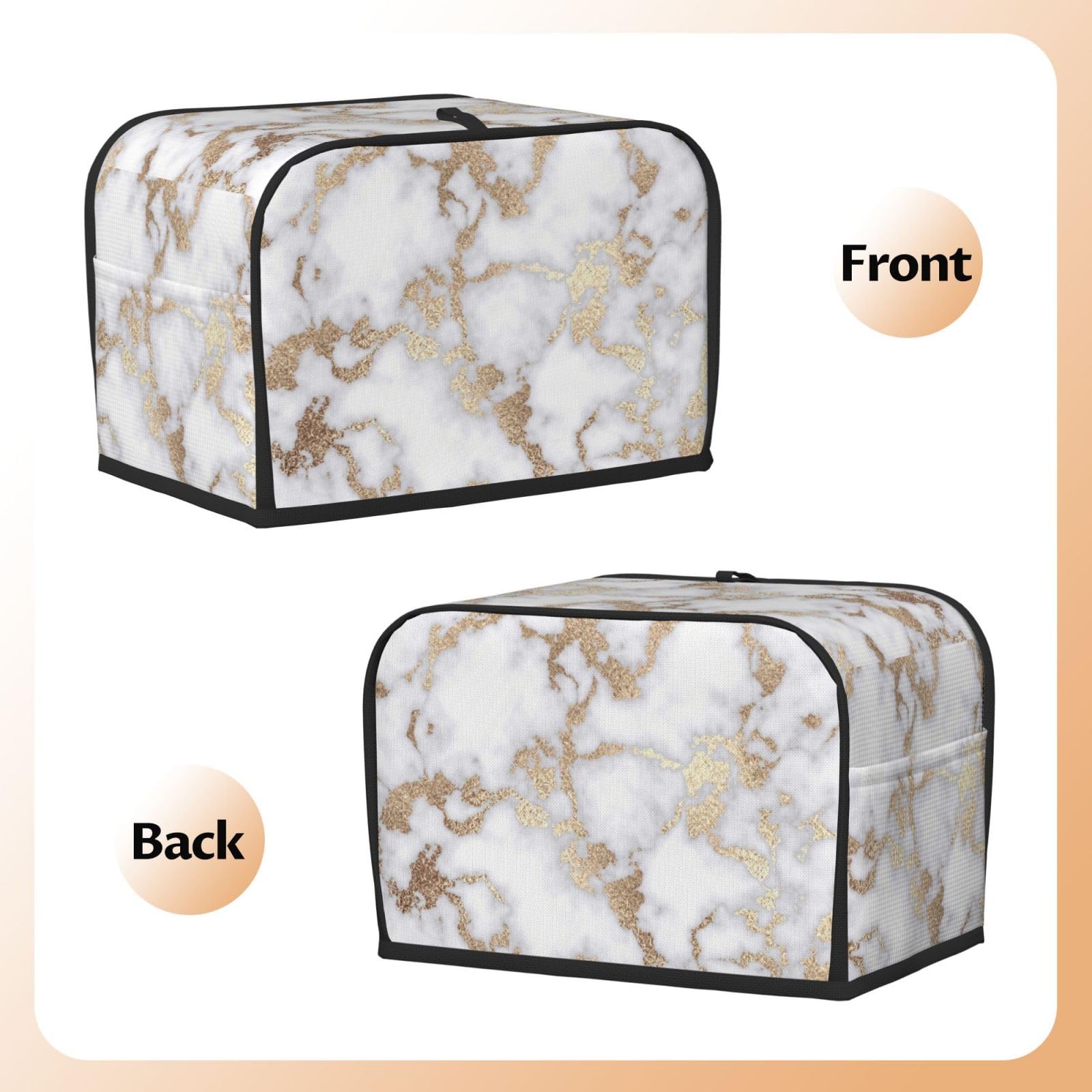 Stylish White Gold Foil Marble Toaster Cover with Pockets - Quilted Polyester 2-Slice Toaster Dust Cover for Kitchen Appliances, Microwave & Small Electronics - Perfect for Home Decor & Women's Gifts (Fingerprint Protection & Dustproof)