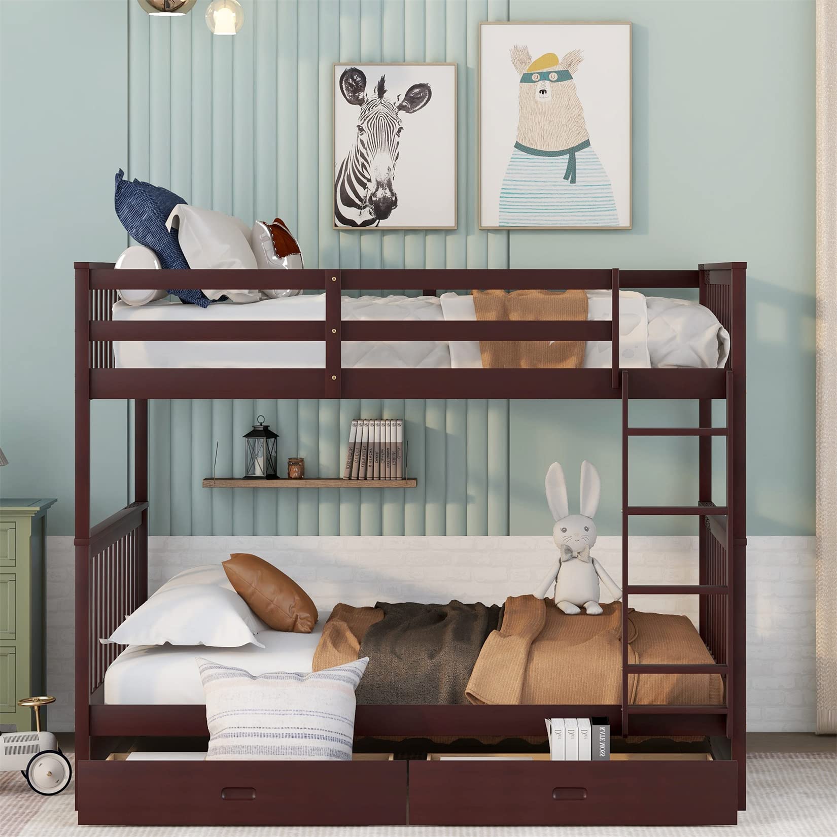 Full Over Full Bunk Beds with 2 Drawers for Kids & Teens - Detachable Wooden Bunk Bed Frame for Boys & Girls - Espresso Finish - Space Saving Kids Bedroom Furniture for Siblings or Sleepovers
