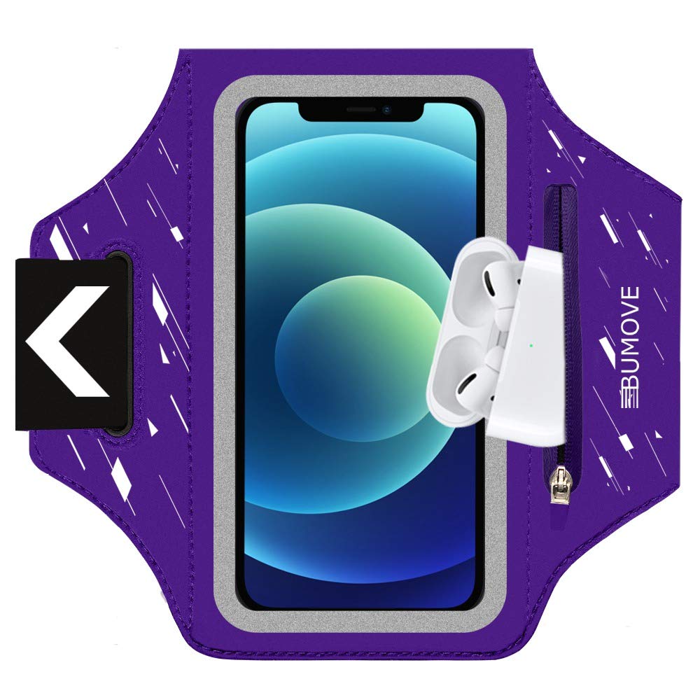BUMOVE Armband for iPhone 15/14/13/12/11 & Pro Models with AirPods Holder - Adjustable Running Workout Armband Case (Purple) - Perfect for Gym, Jogging, Cycling & Fitness Activities